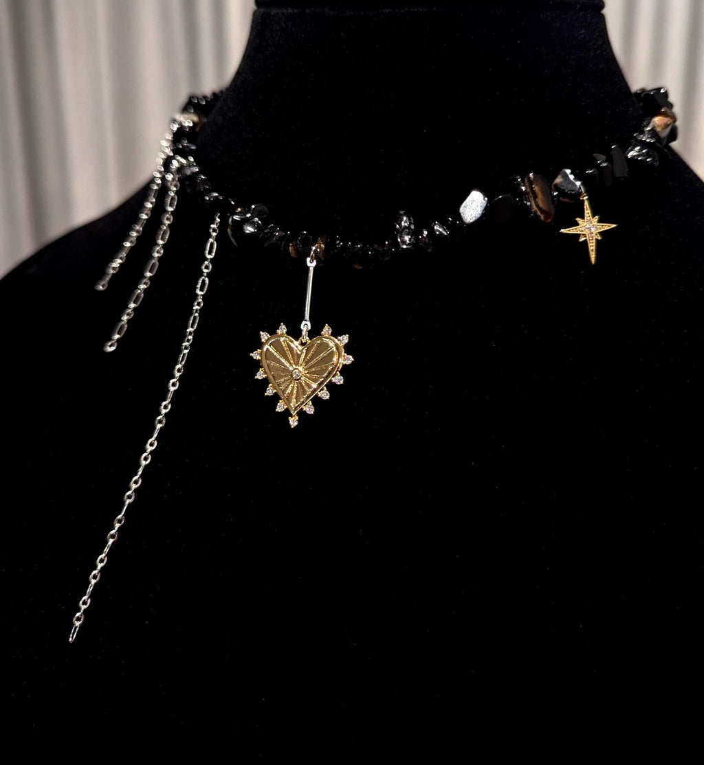 Black Onyx Choker: Gothic Layered Necklace with Sacred Heart Charm