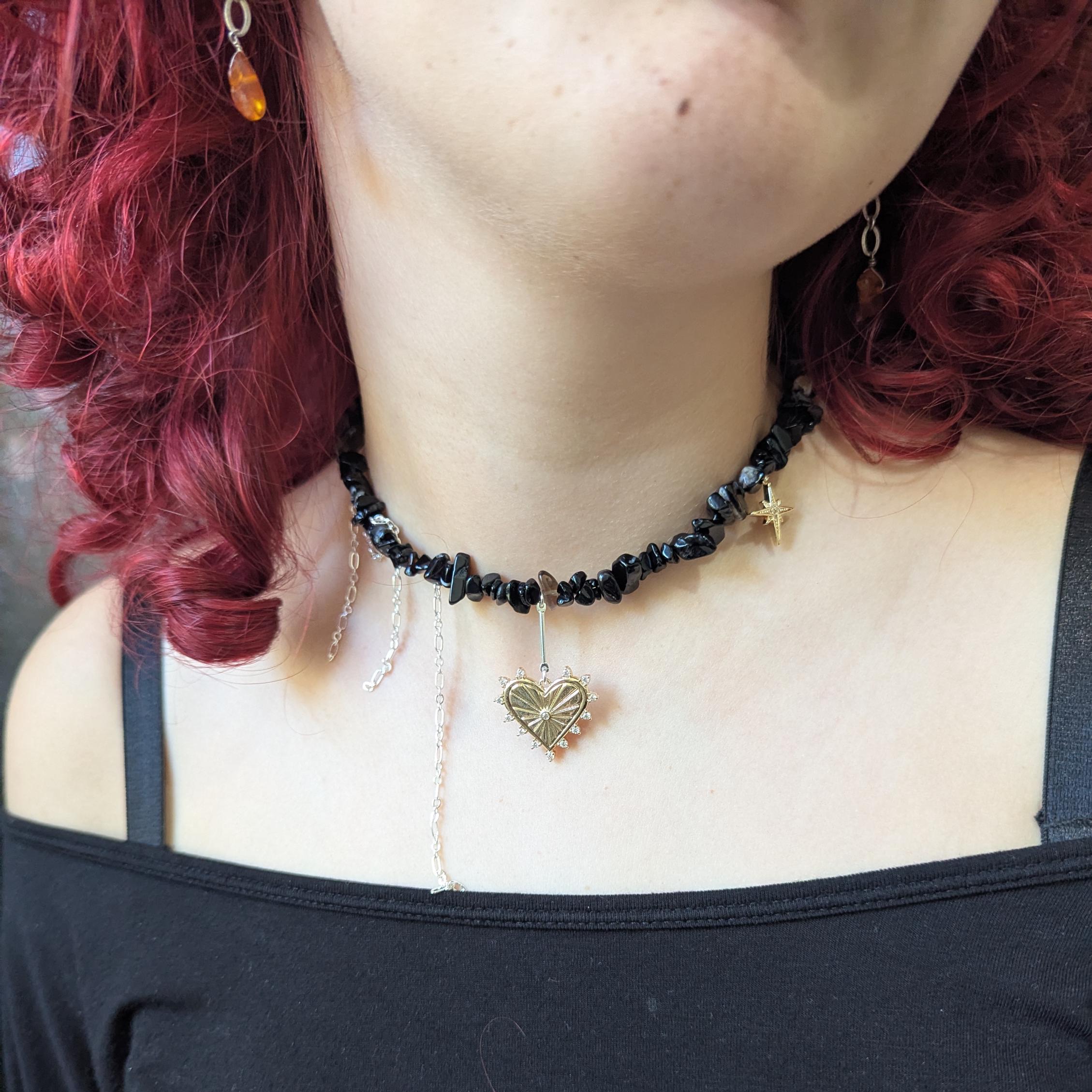 Black Onyx Choker: Gothic Layered Necklace with Sacred Heart Charm