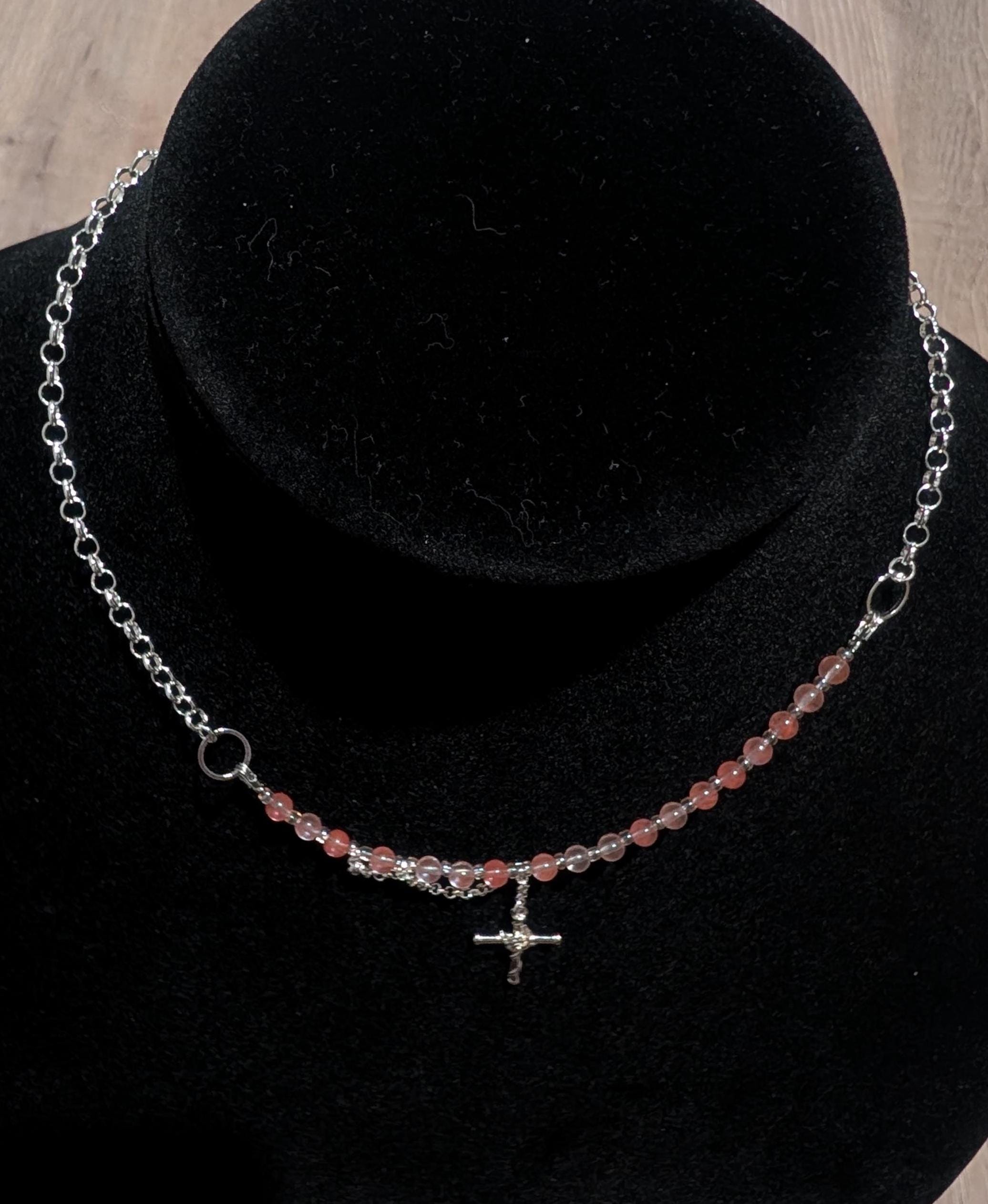 Cherry Quartz Multi-Style Necklace with a Cross Pendant | Adjustable