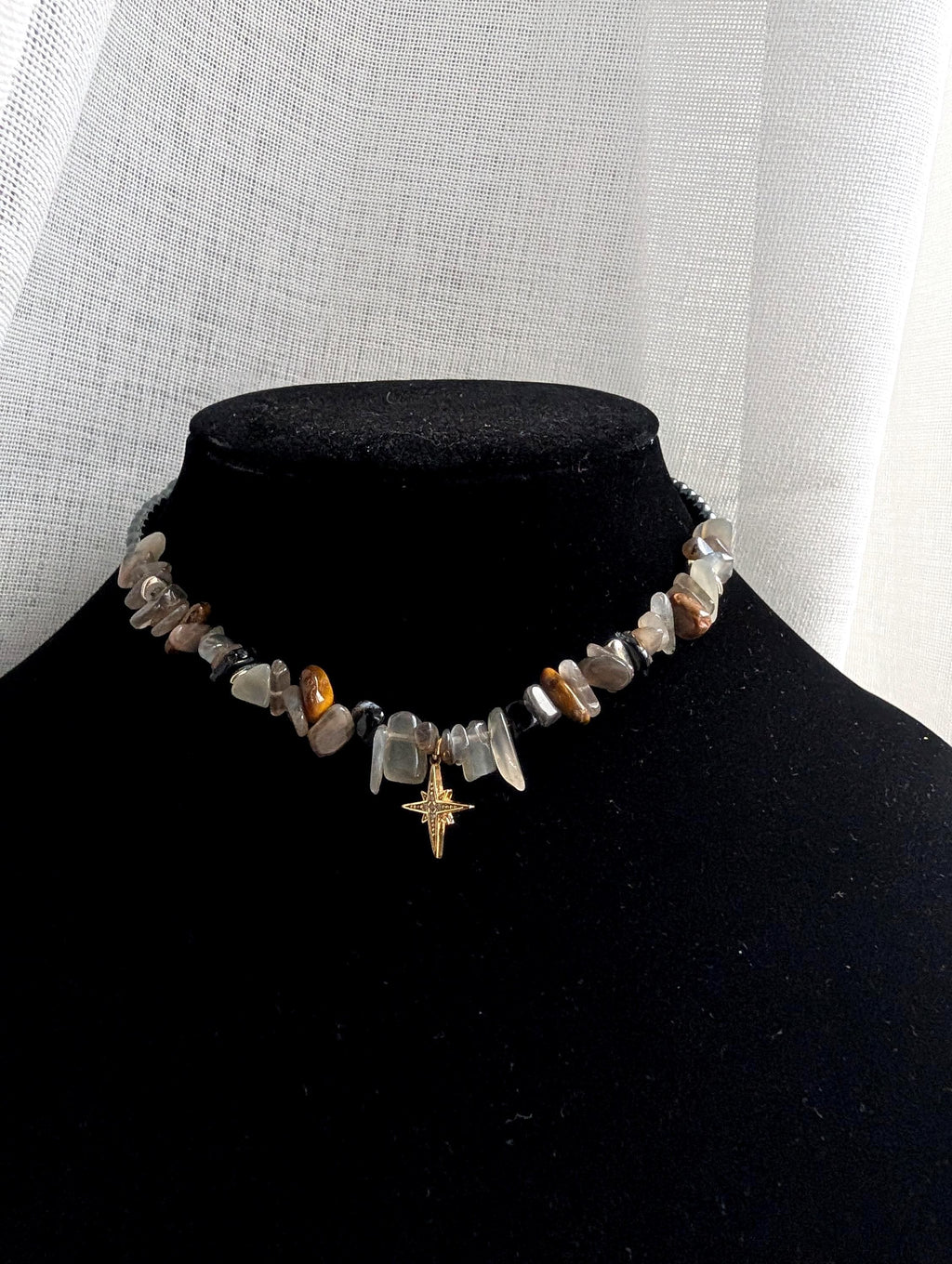 Witchy moonstone tiger eye and hematite choker