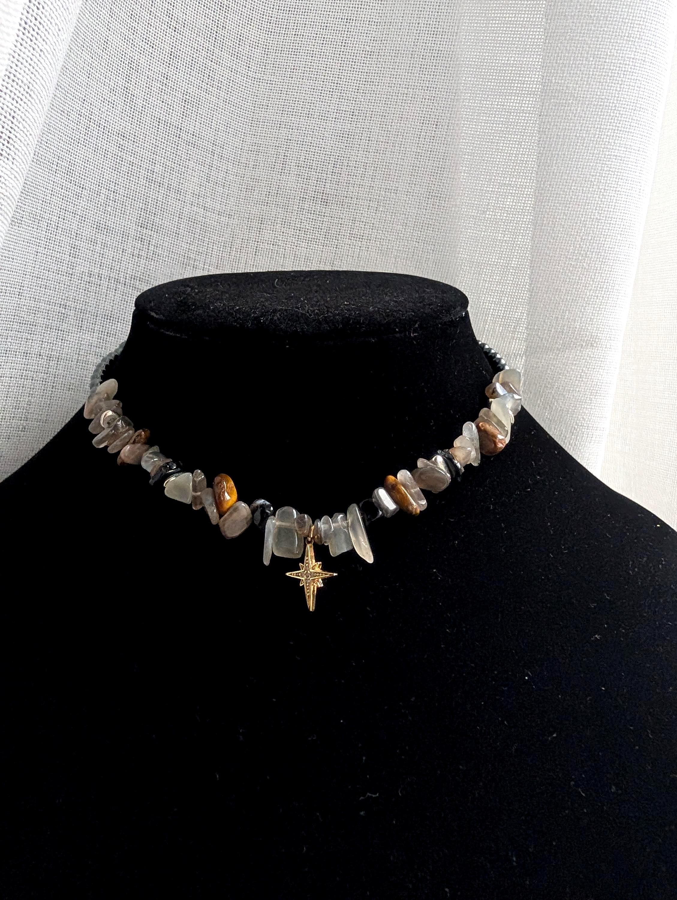 Witchy moonstone tiger eye and hematite choker