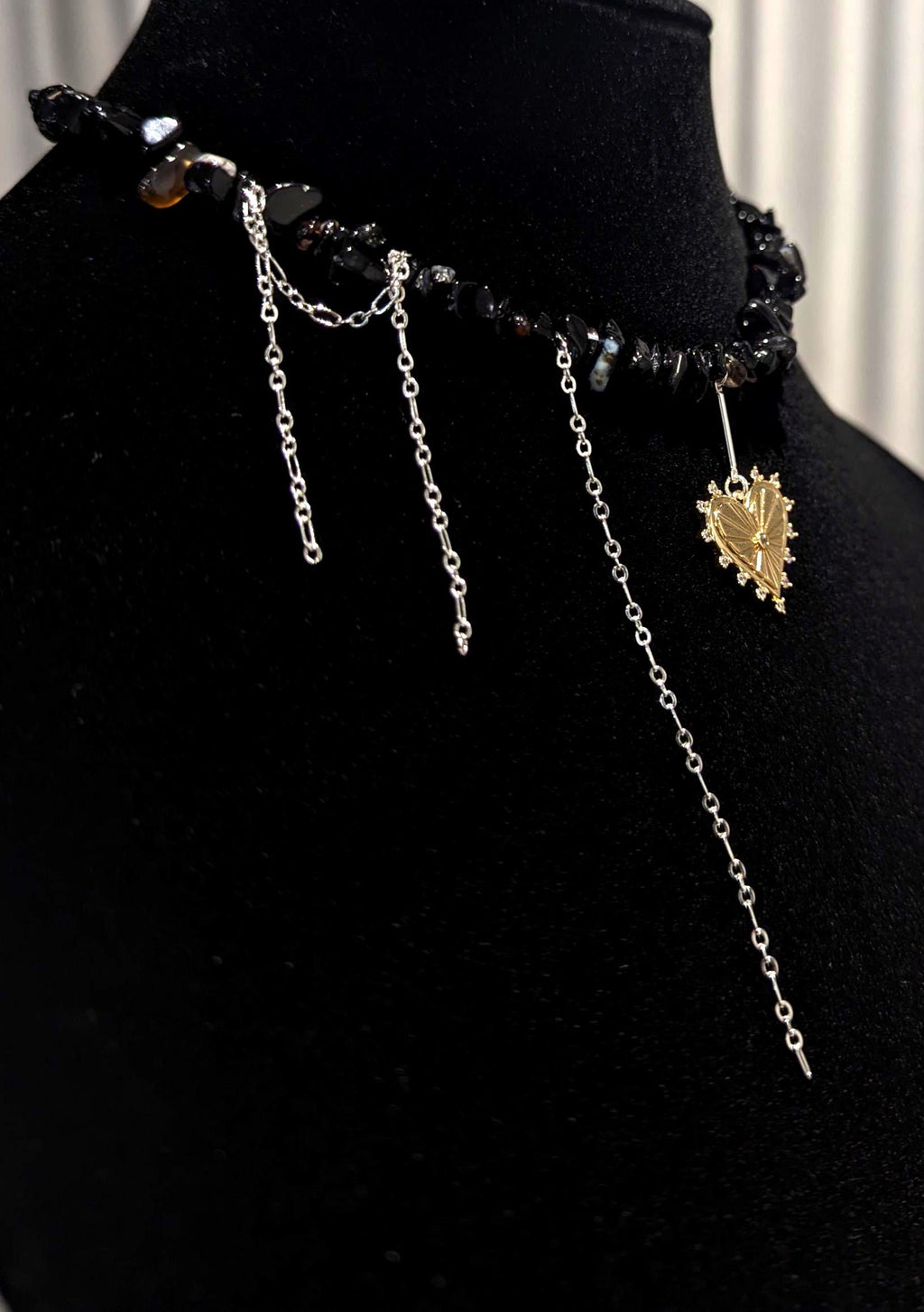 Black Onyx Choker: Gothic Layered Necklace with Sacred Heart Charm