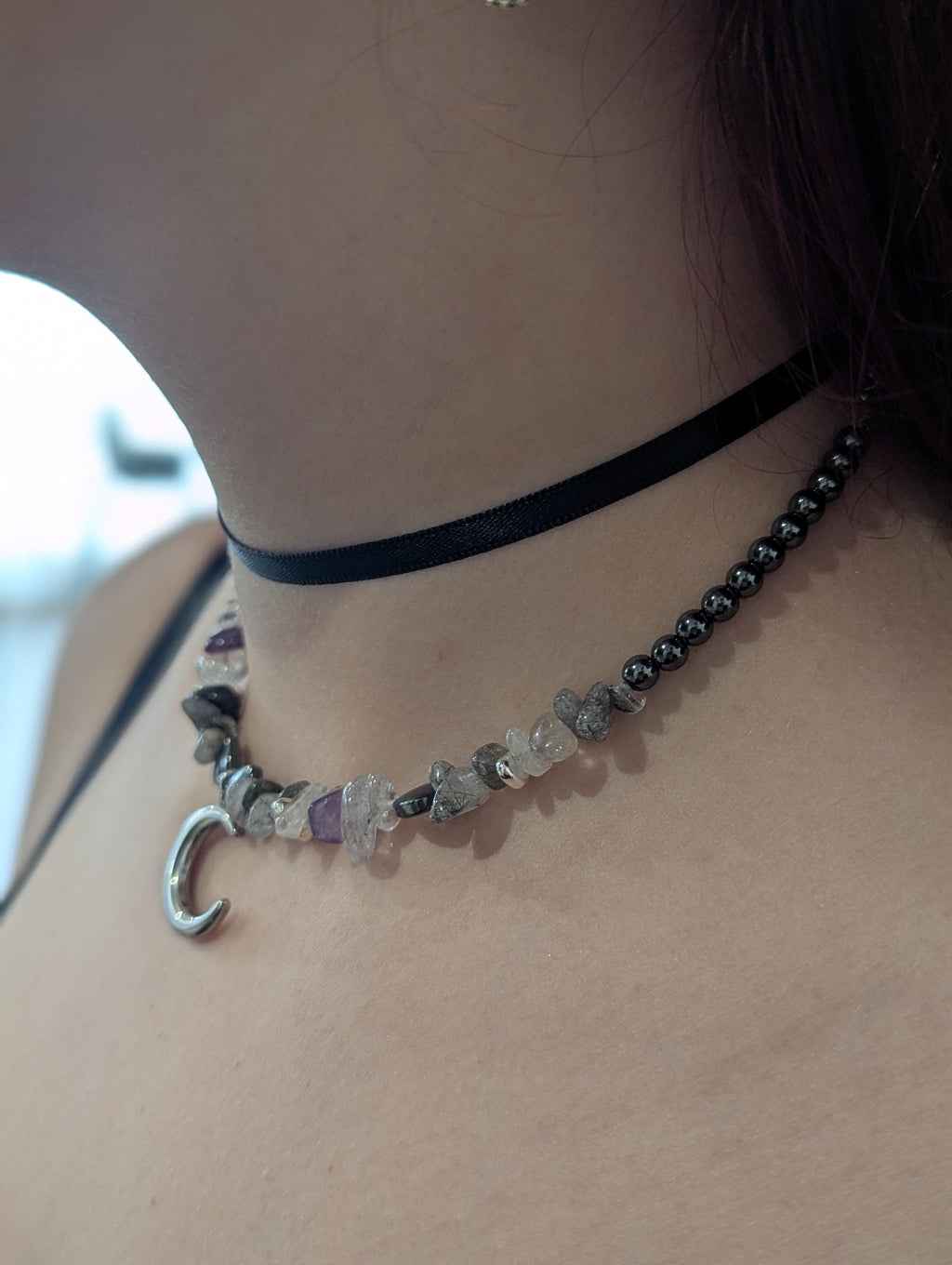Moonstone amethyst and hematite choker