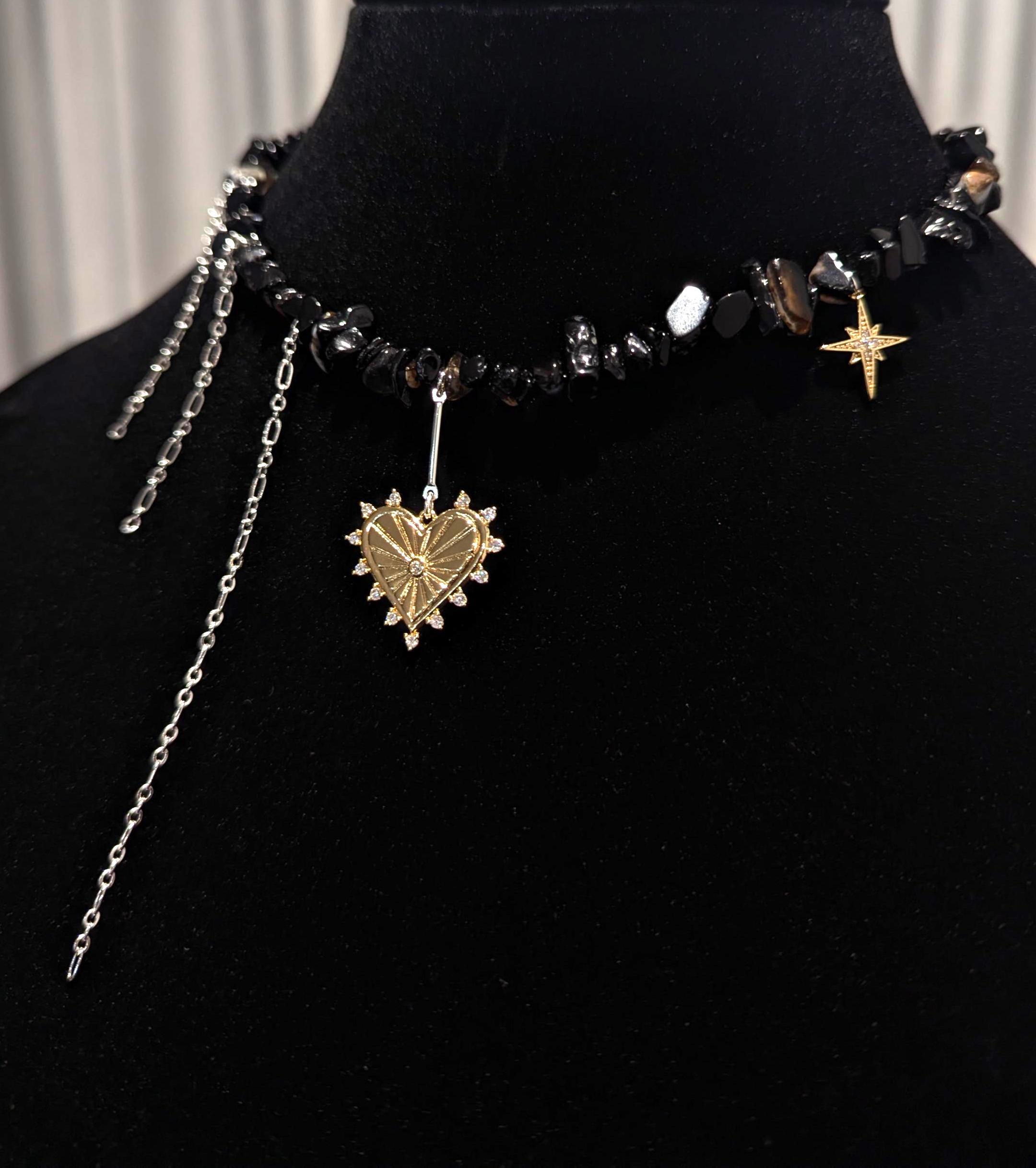 Black Onyx Choker: Gothic Layered Necklace with Sacred Heart Charm
