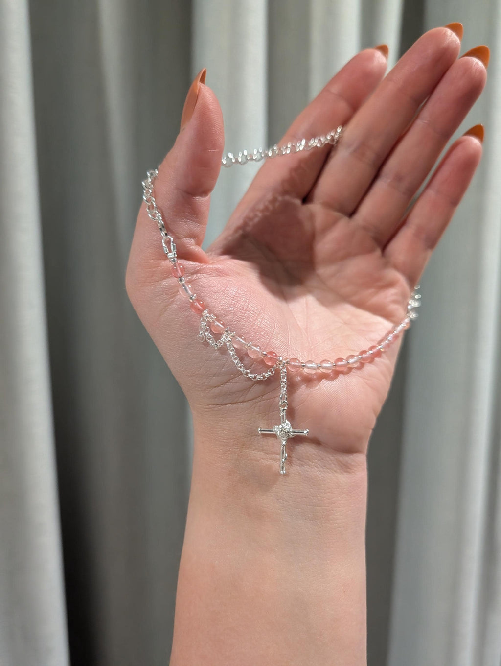 Cherry Quartz Multi-Style Necklace with a Cross Pendant | Adjustable