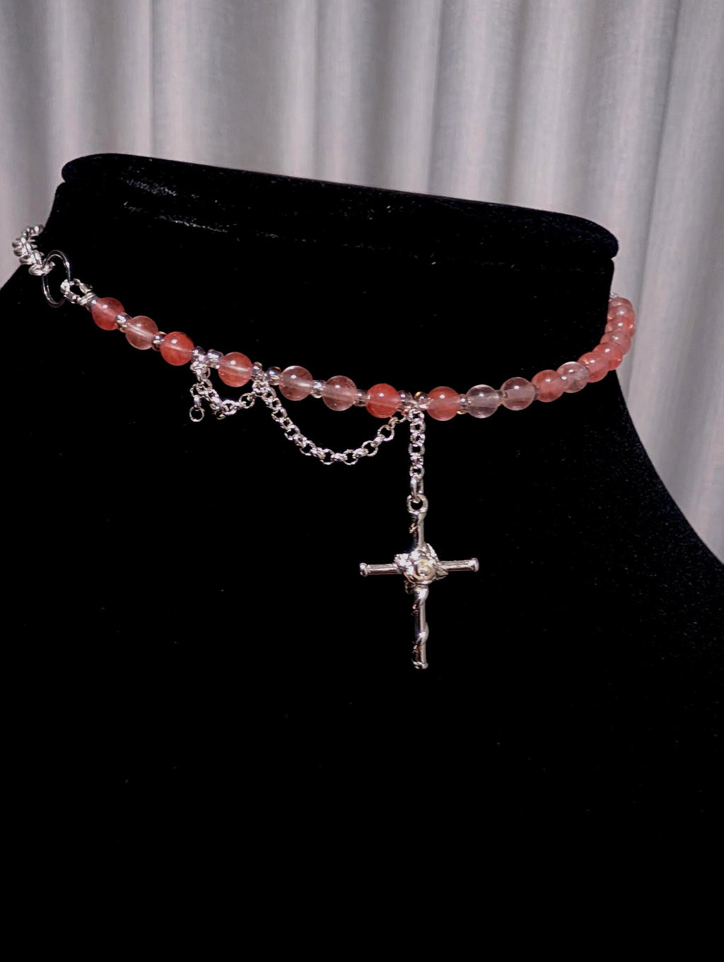Cherry Quartz Multi-Style Necklace with a Cross Pendant | Adjustable