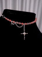 Cherry Quartz Multi-Style Necklace with a Cross Pendant | Adjustable