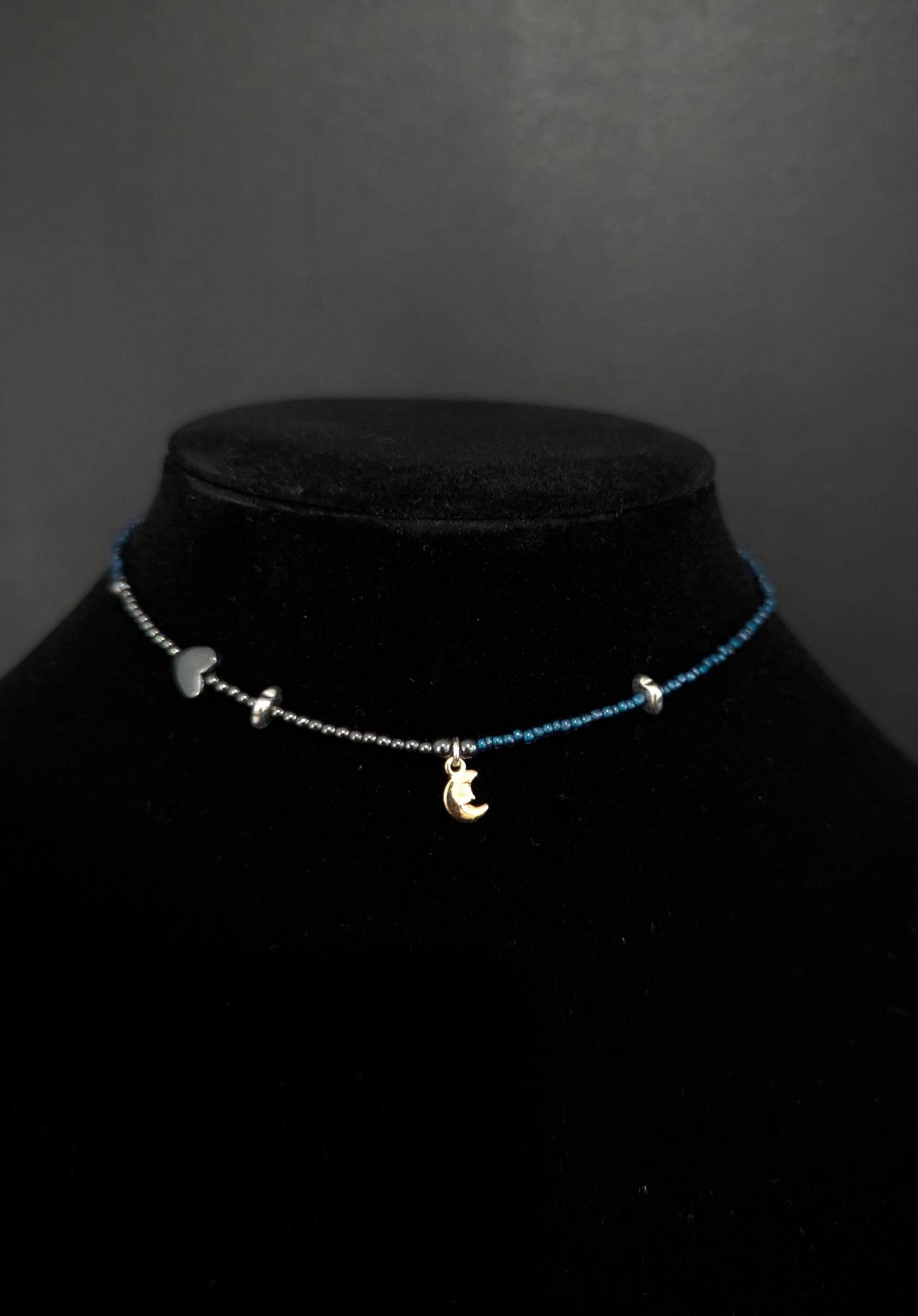 Hematite and blue glass bead celestial necklace