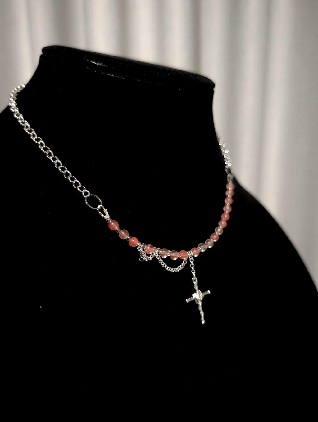 Cherry Quartz Multi-Style Necklace with a Cross Pendant | Adjustable