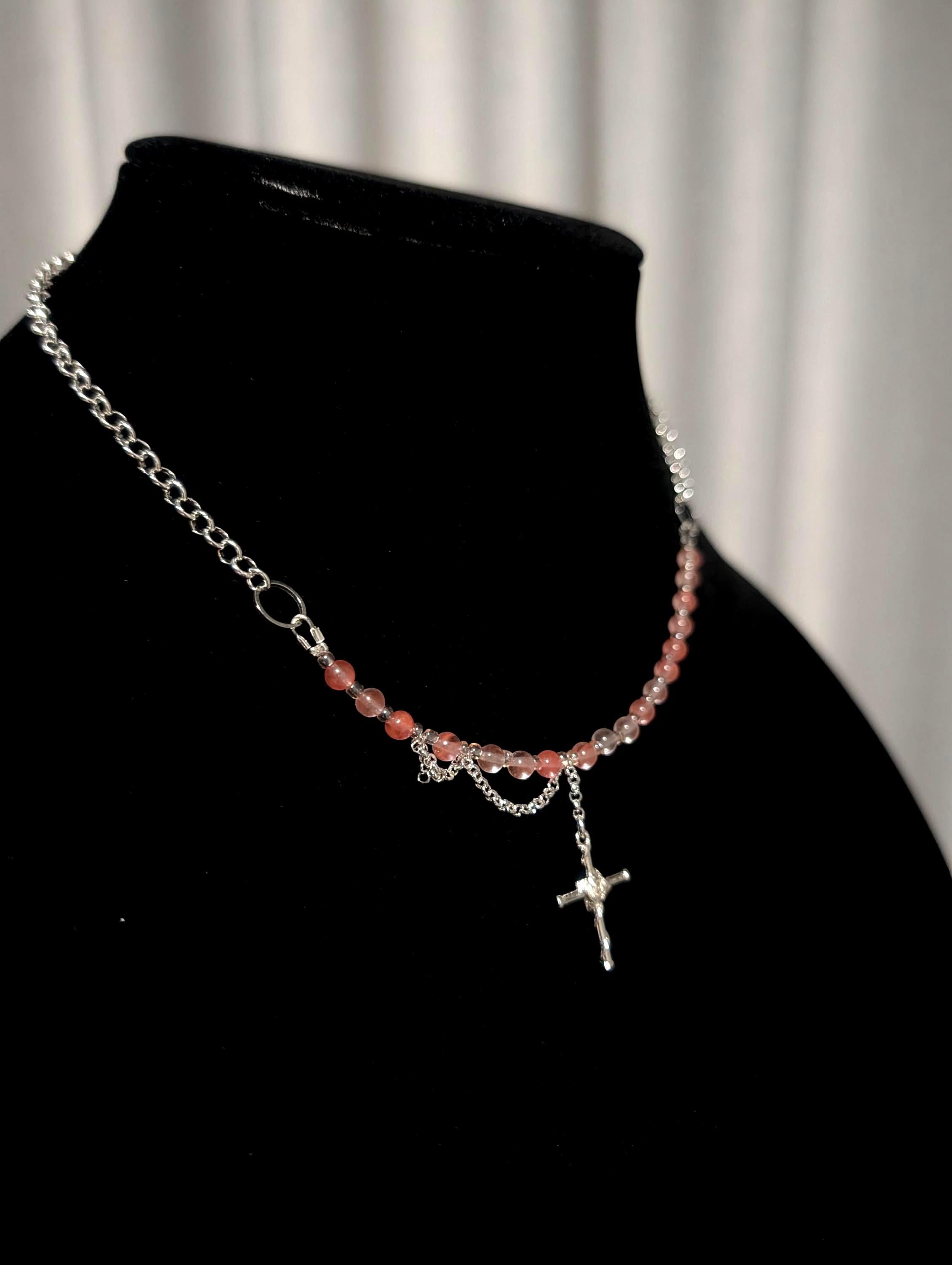 Cherry Quartz Multi-Style Necklace with a Cross Pendant | Adjustable