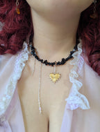 Black Onyx Choker: Gothic Layered Necklace with Sacred Heart Charm