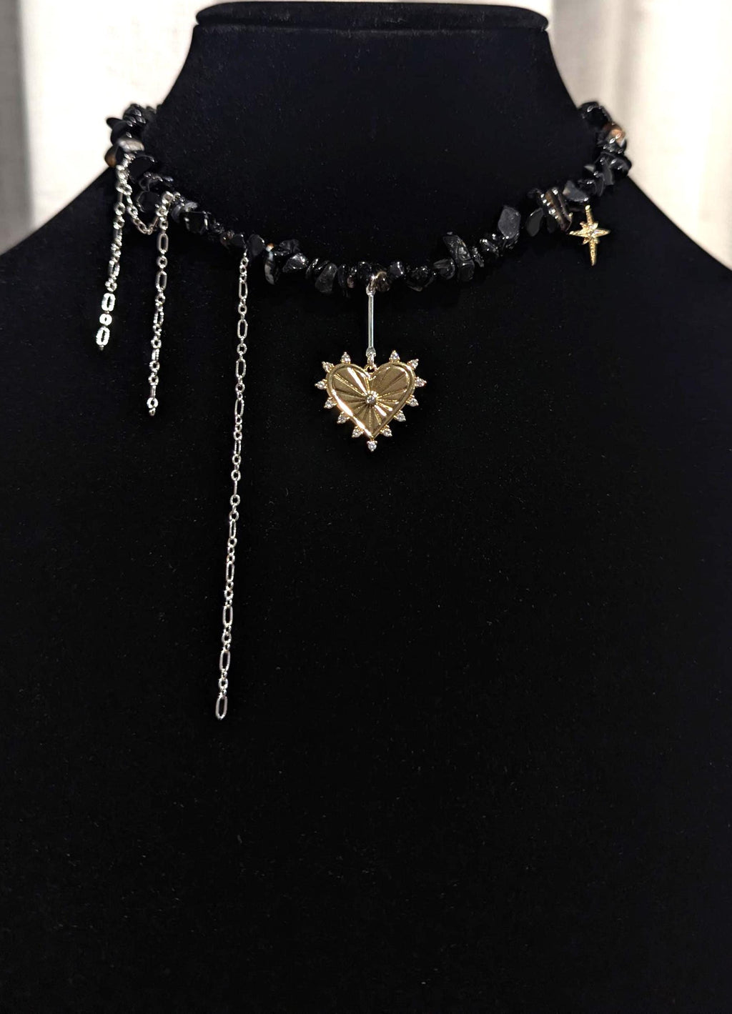 Black Onyx Choker: Gothic Layered Necklace with Sacred Heart Charm