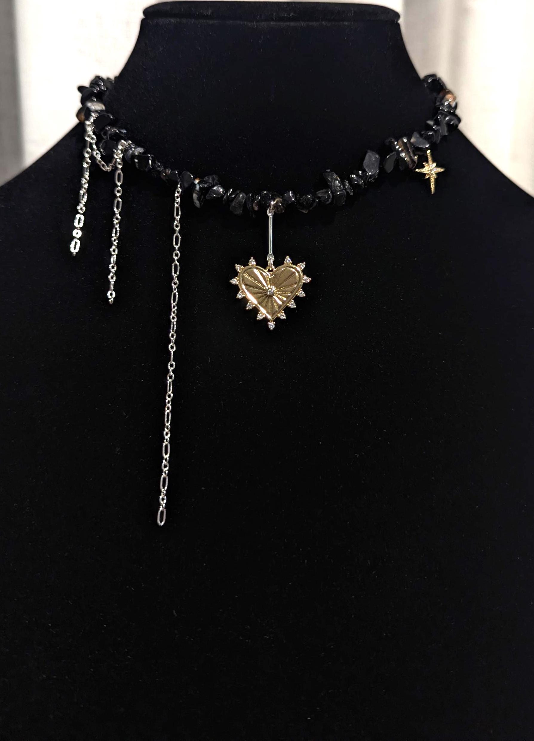 Black Onyx Choker: Gothic Layered Necklace with Sacred Heart Charm