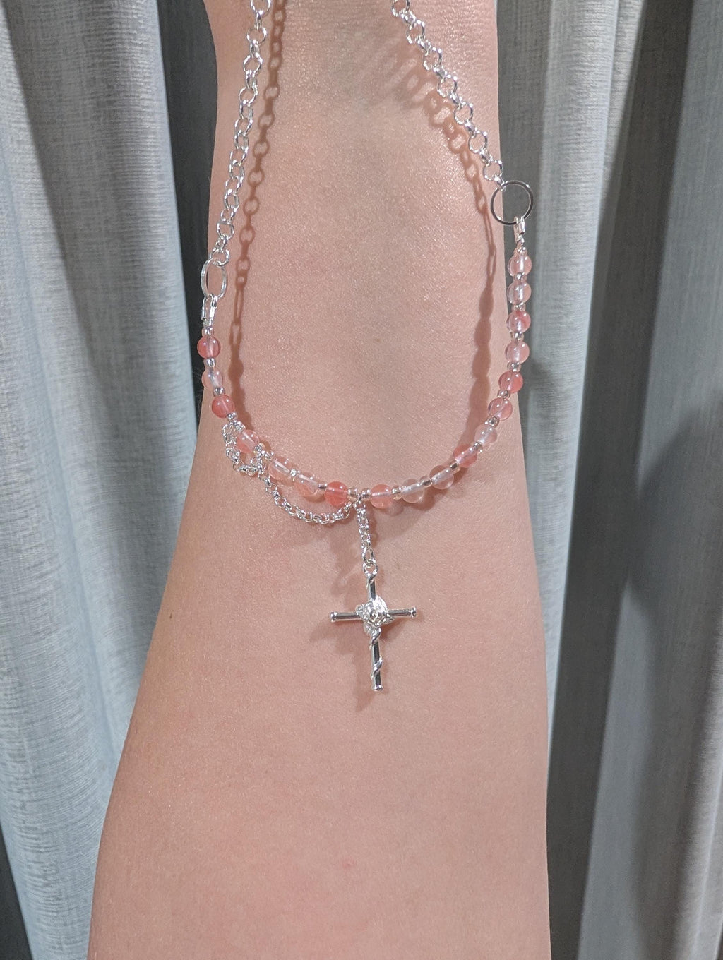 Cherry Quartz Multi-Style Necklace with a Cross Pendant | Adjustable