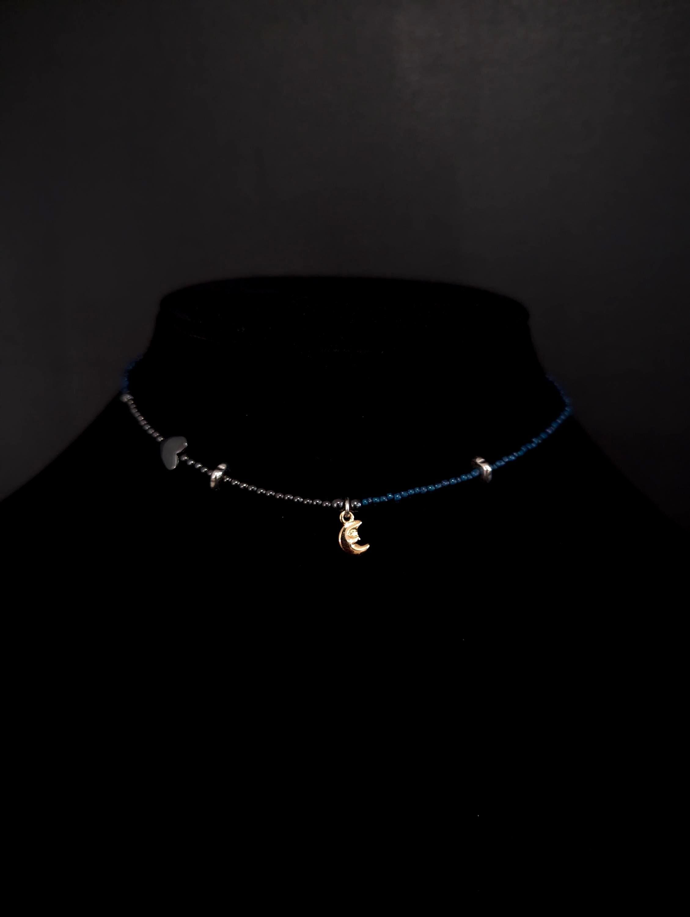 Hematite and blue glass bead celestial necklace