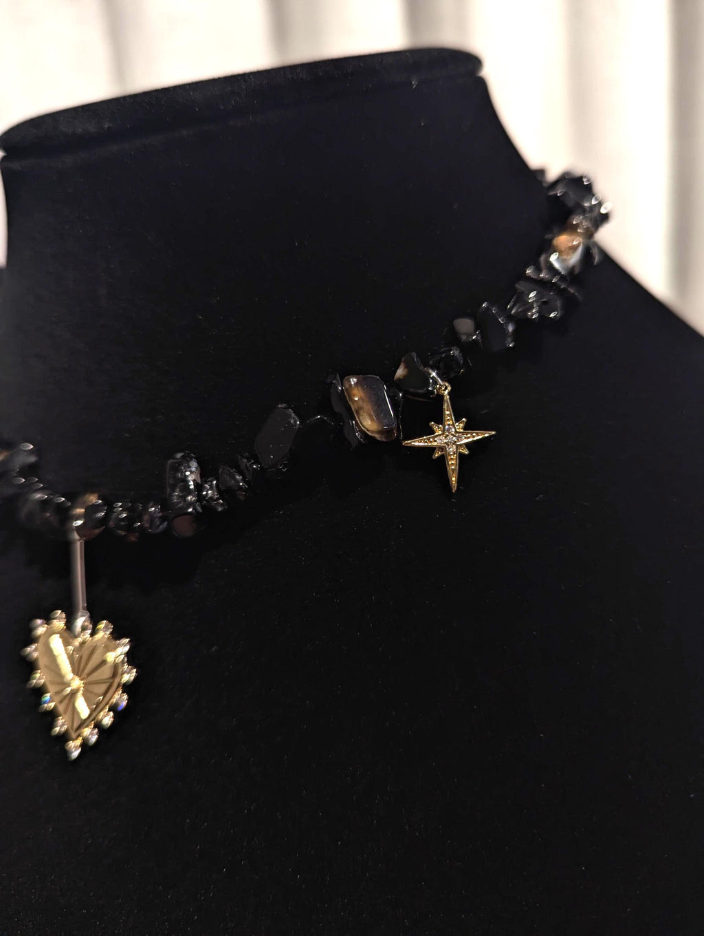Black Onyx Choker: Gothic Layered Necklace with Sacred Heart Charm