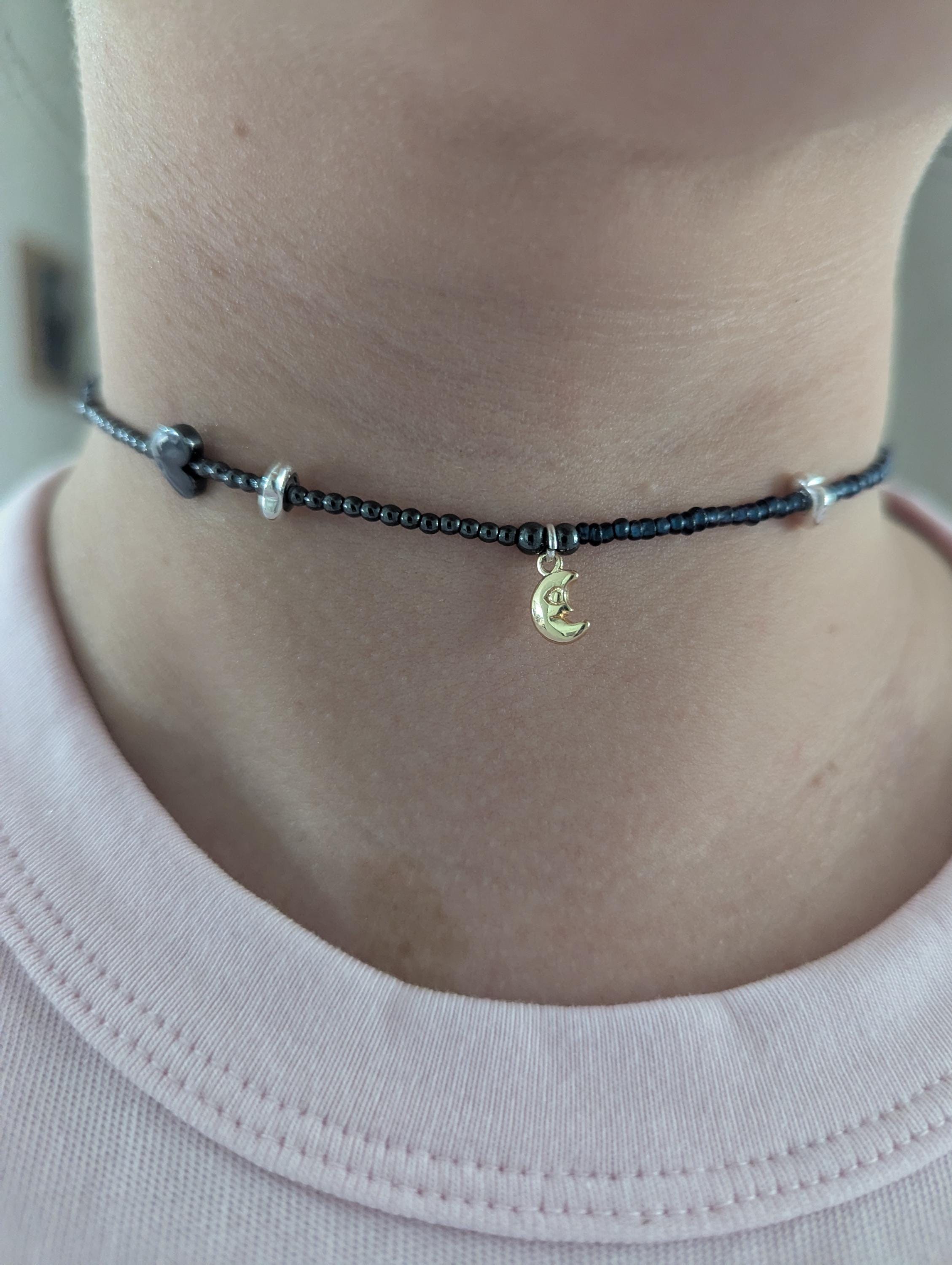 Hematite and blue glass bead celestial necklace