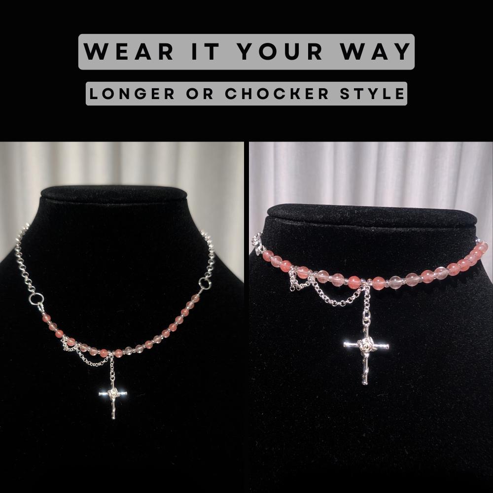 Cherry Quartz Multi-Style Necklace with a Cross Pendant | Adjustable