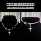 Cherry Quartz Multi-Style Necklace with a Cross Pendant | Adjustable