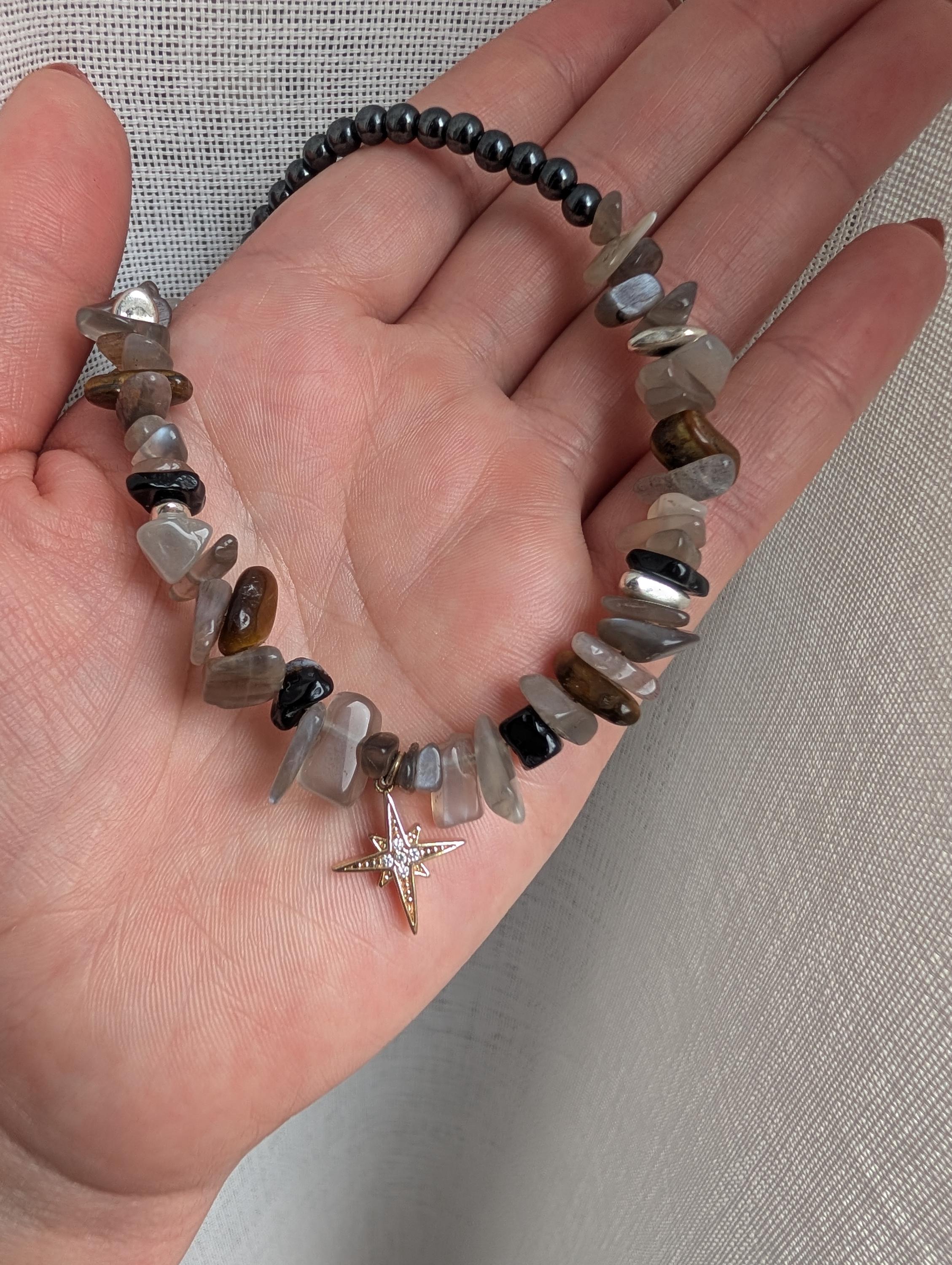Witchy moonstone tiger eye and hematite choker