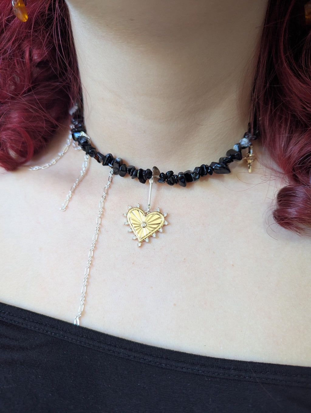 Black Onyx Choker: Gothic Layered Necklace with Sacred Heart Charm