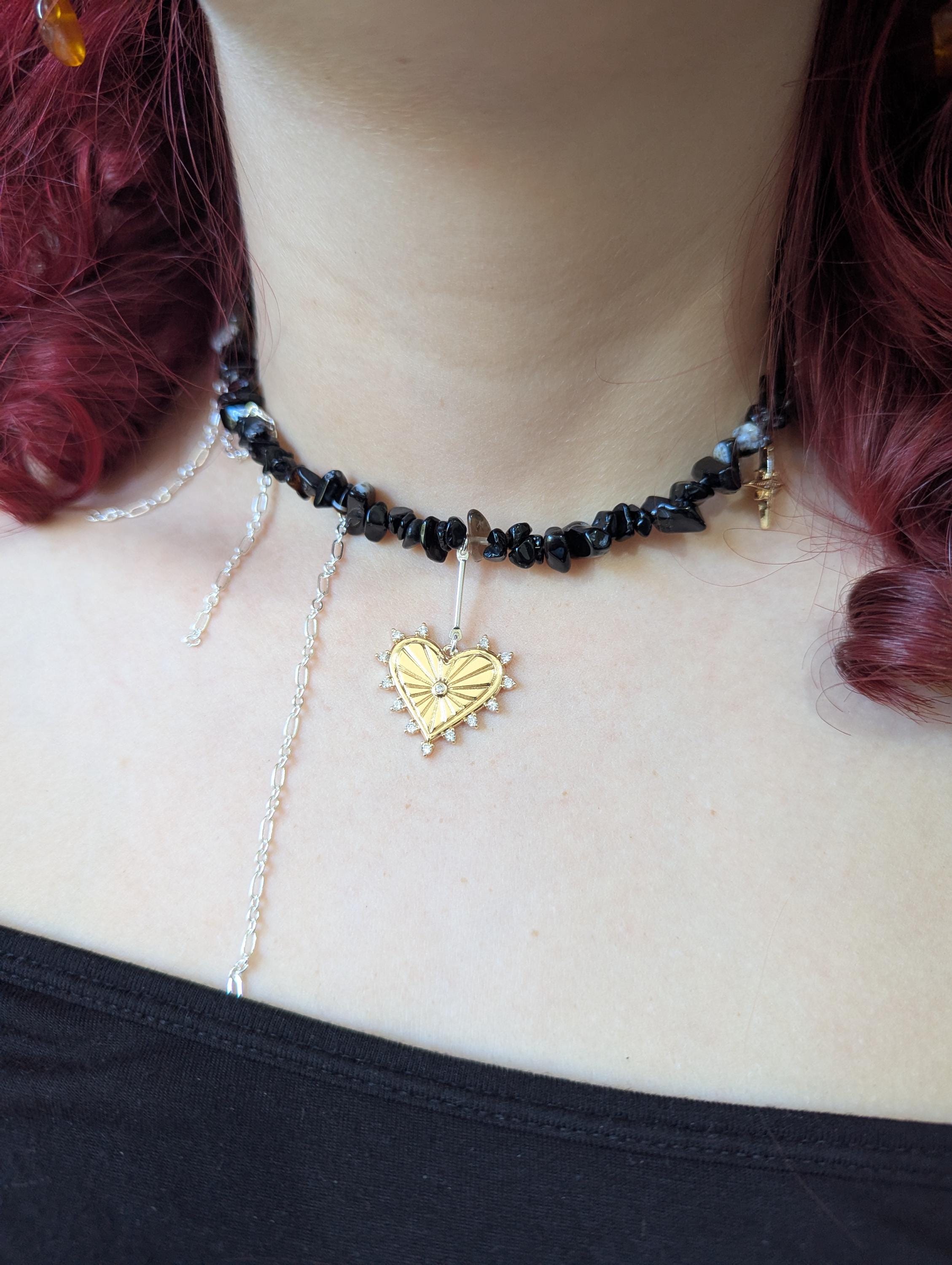 Black Onyx Choker: Gothic Layered Necklace with Sacred Heart Charm