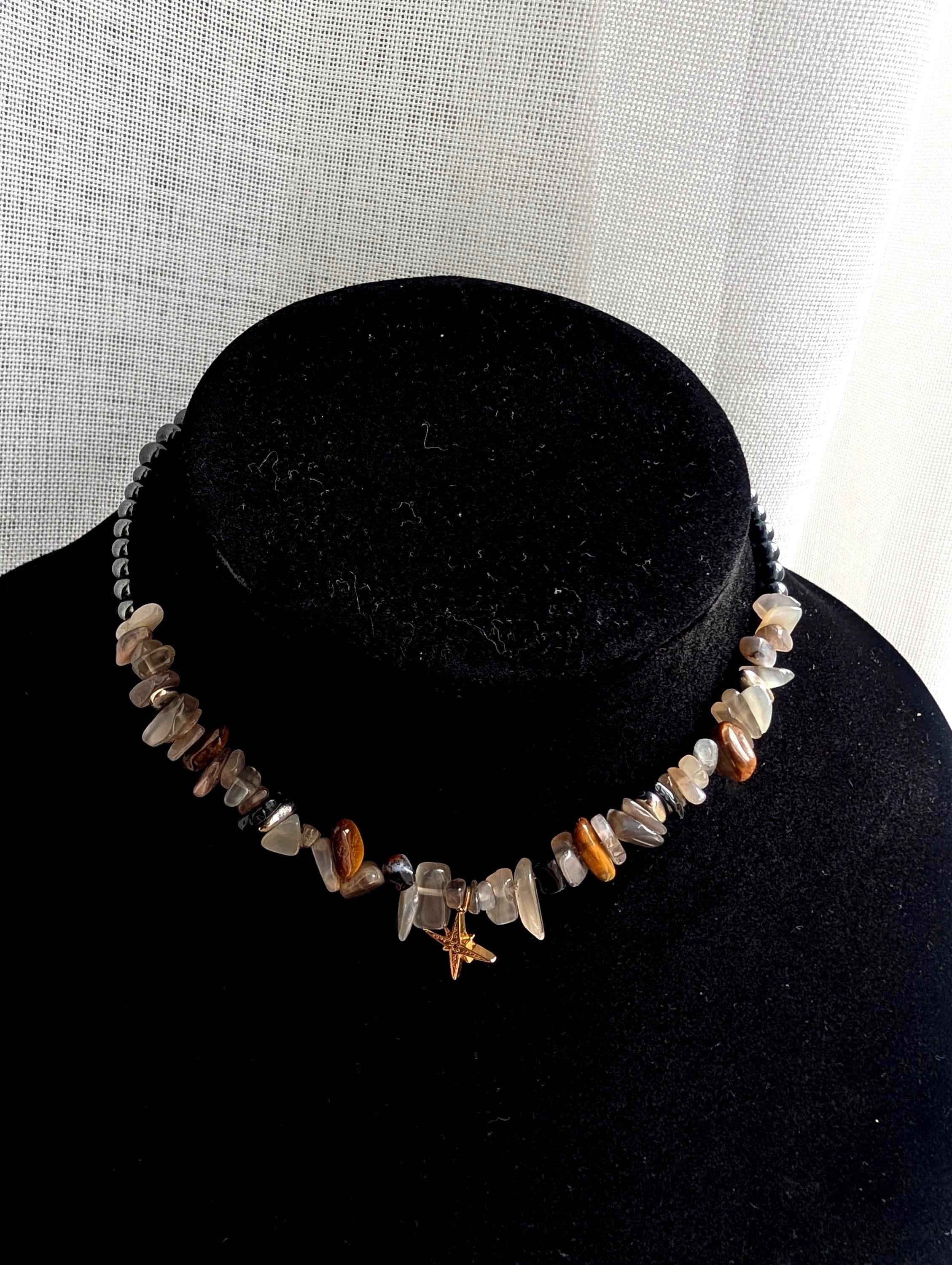 Witchy moonstone tiger eye and hematite choker