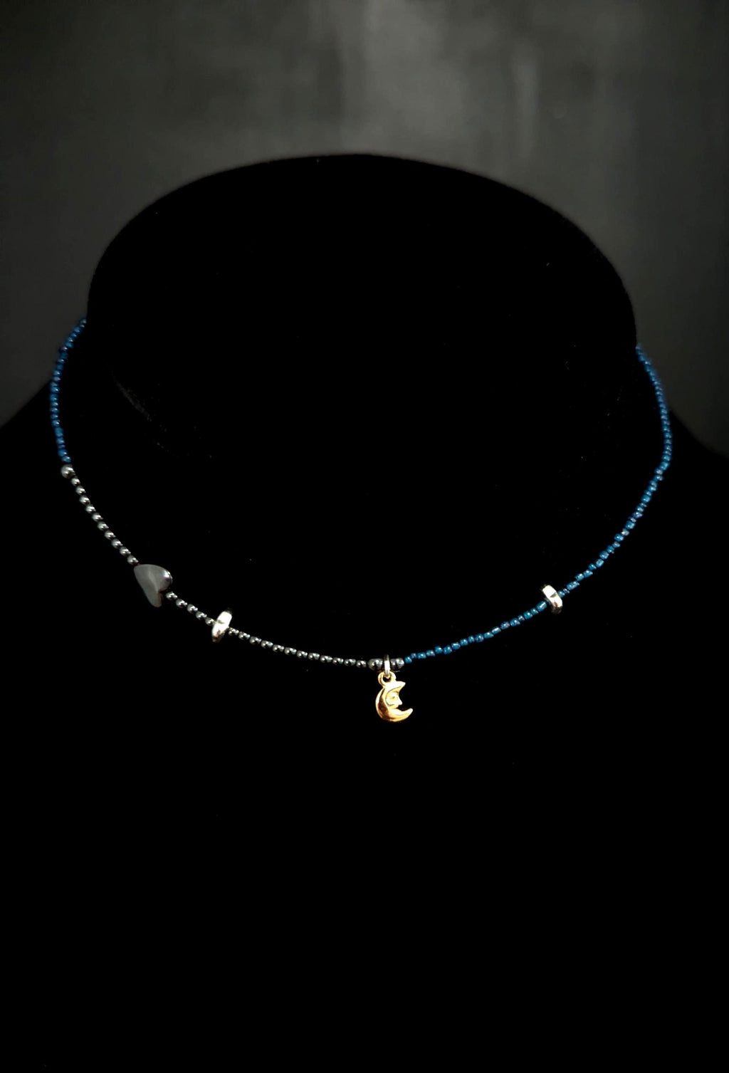 Hematite and blue glass bead celestial necklace