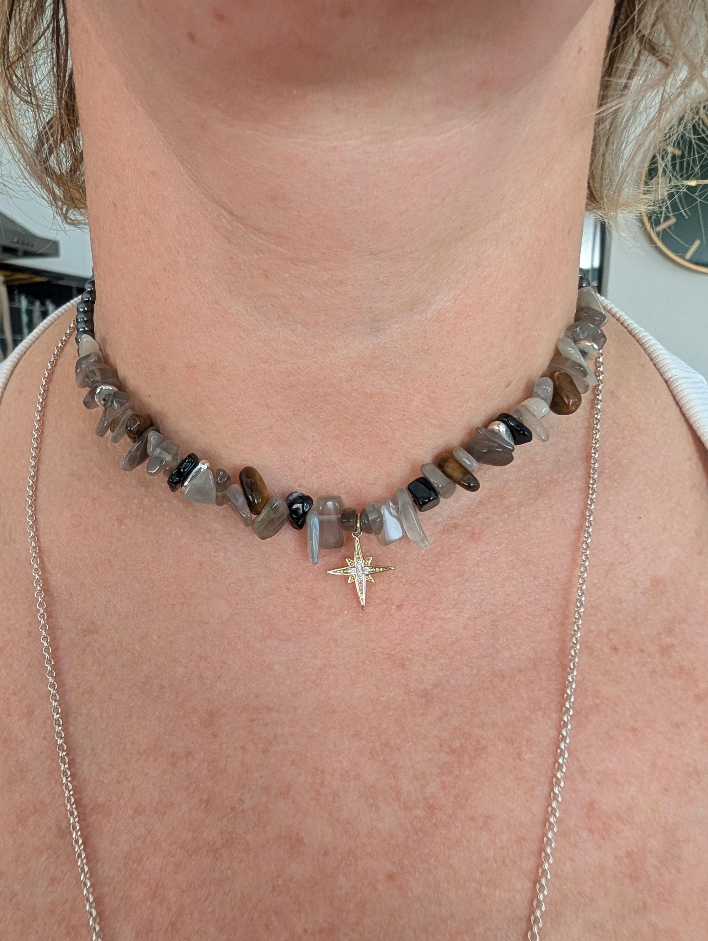 Witchy moonstone tiger eye and hematite choker