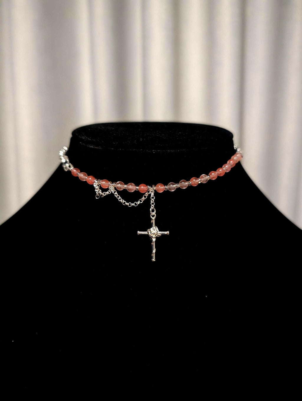 Cherry Quartz Multi-Style Necklace with a Cross Pendant | Adjustable