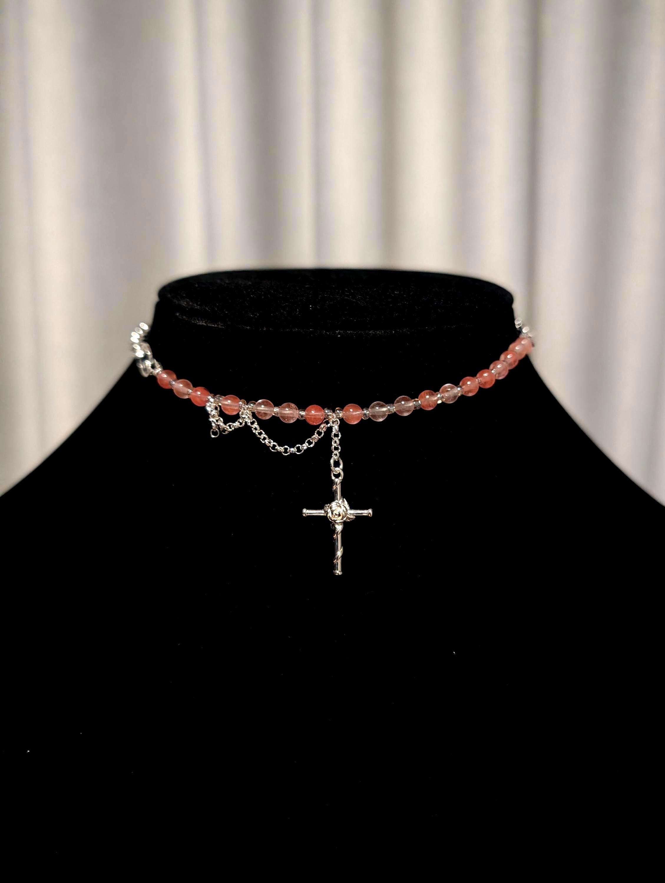 Cherry Quartz Multi-Style Necklace with a Cross Pendant | Adjustable