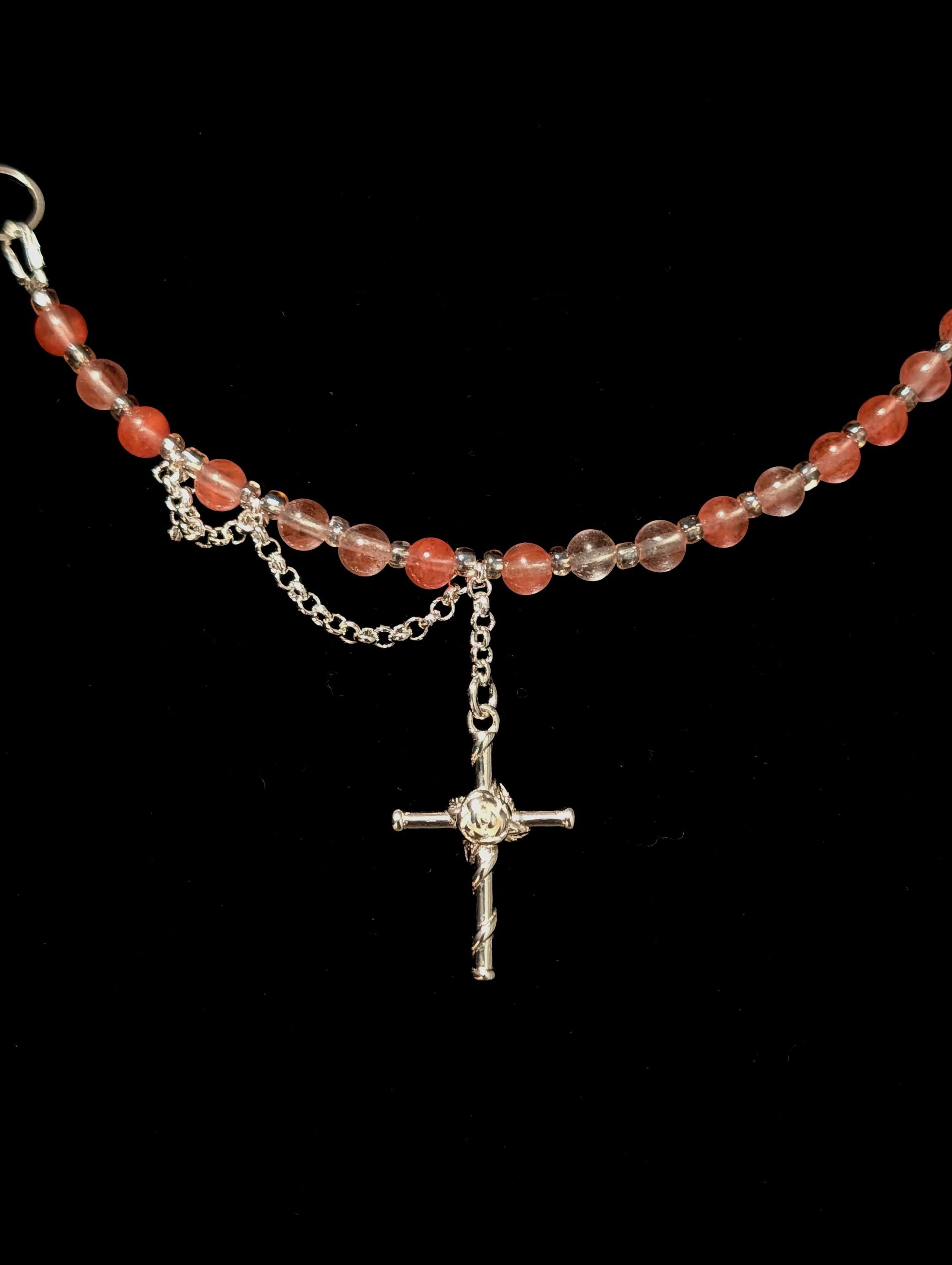 Cherry Quartz Multi-Style Necklace with a Cross Pendant | Adjustable