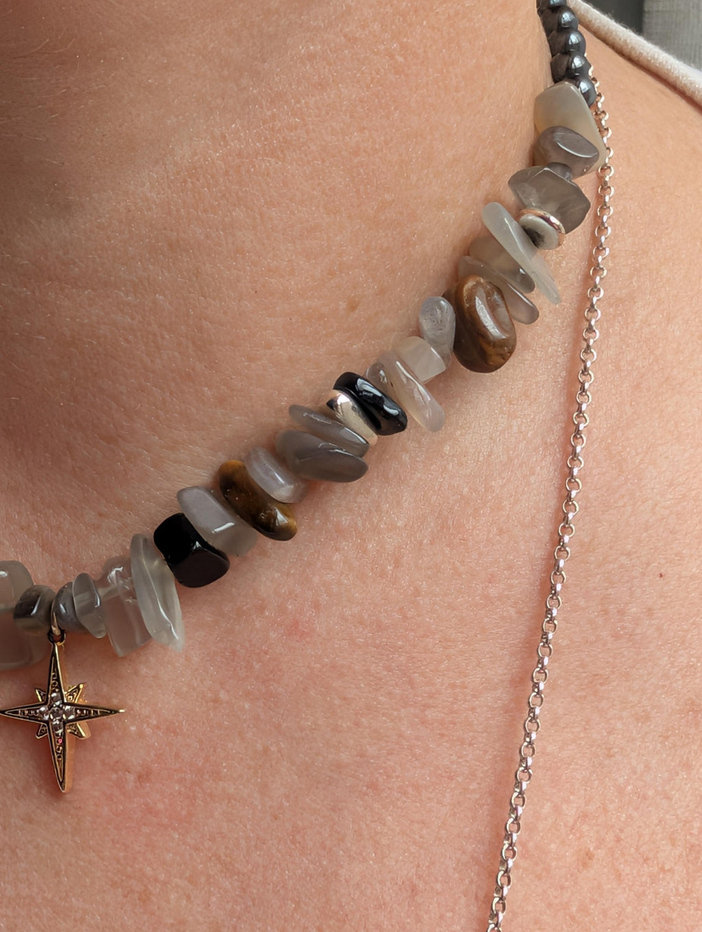 Witchy moonstone tiger eye and hematite choker