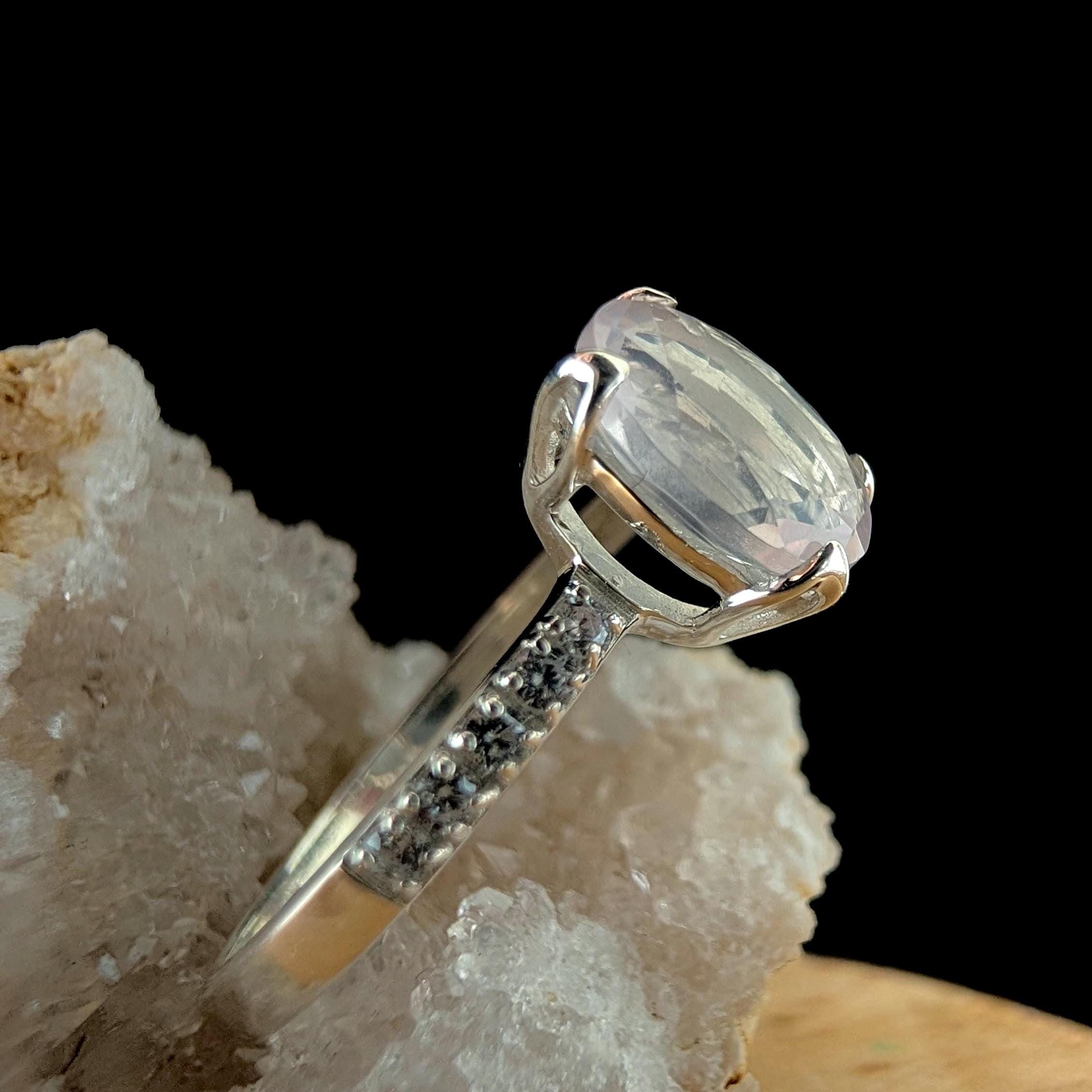 Large natural pink quartz and white topaz ring | 925 sterling silver