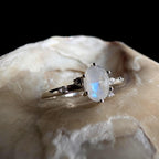 Oval rainbow moonstone and white topaz ring | 925 Sterling Silver