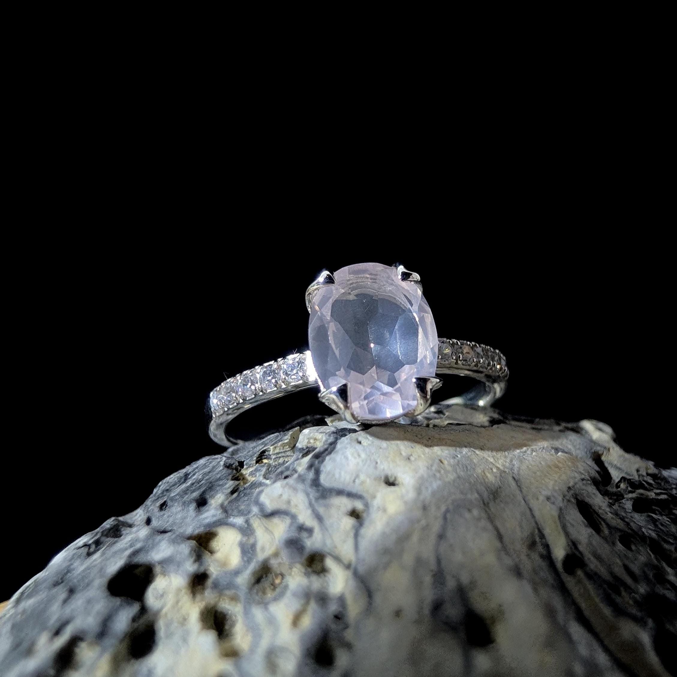 Large natural pink quartz and white topaz ring | 925 sterling silver
