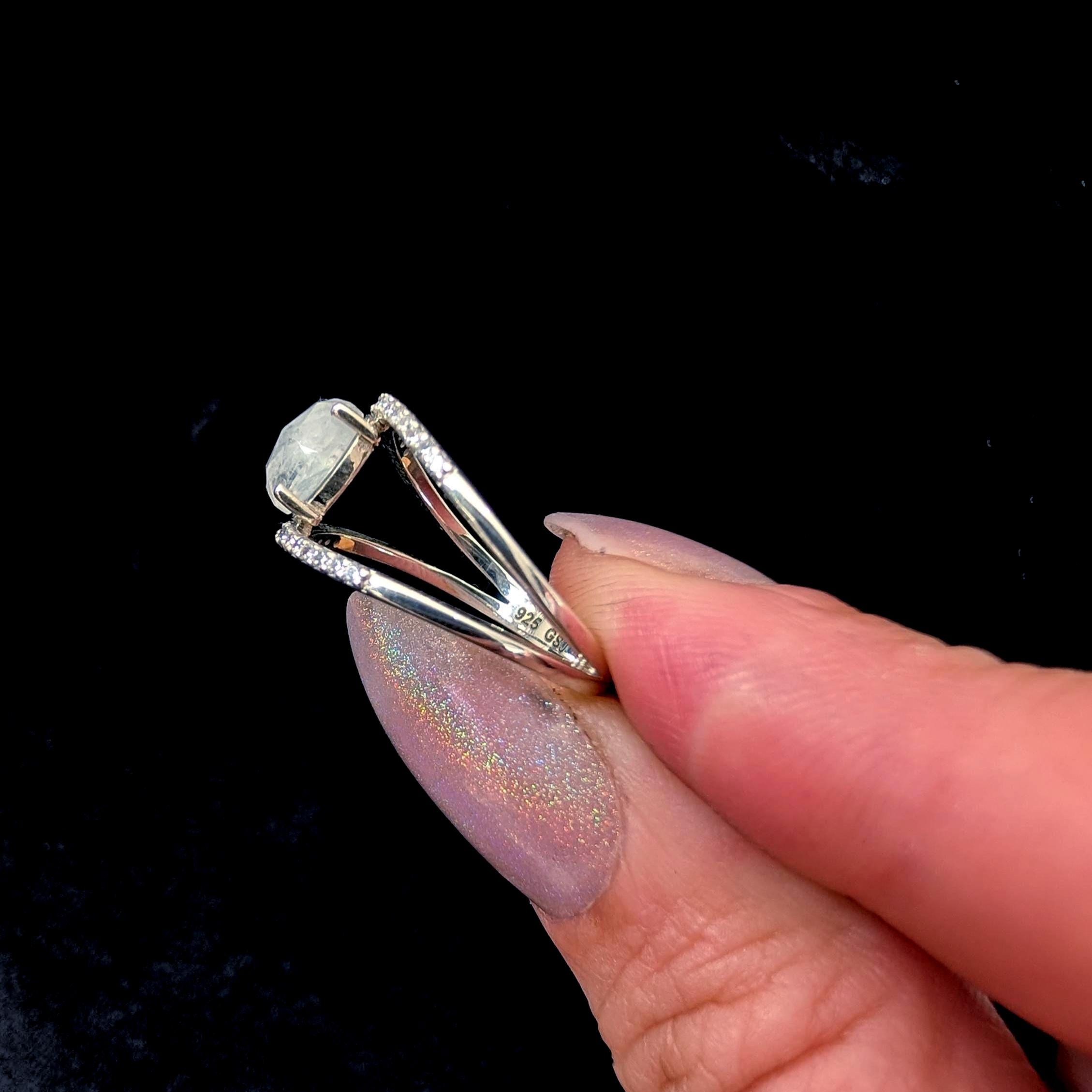 Double band rainbow moonstone & white topaz ring | 925 Sterling Silver