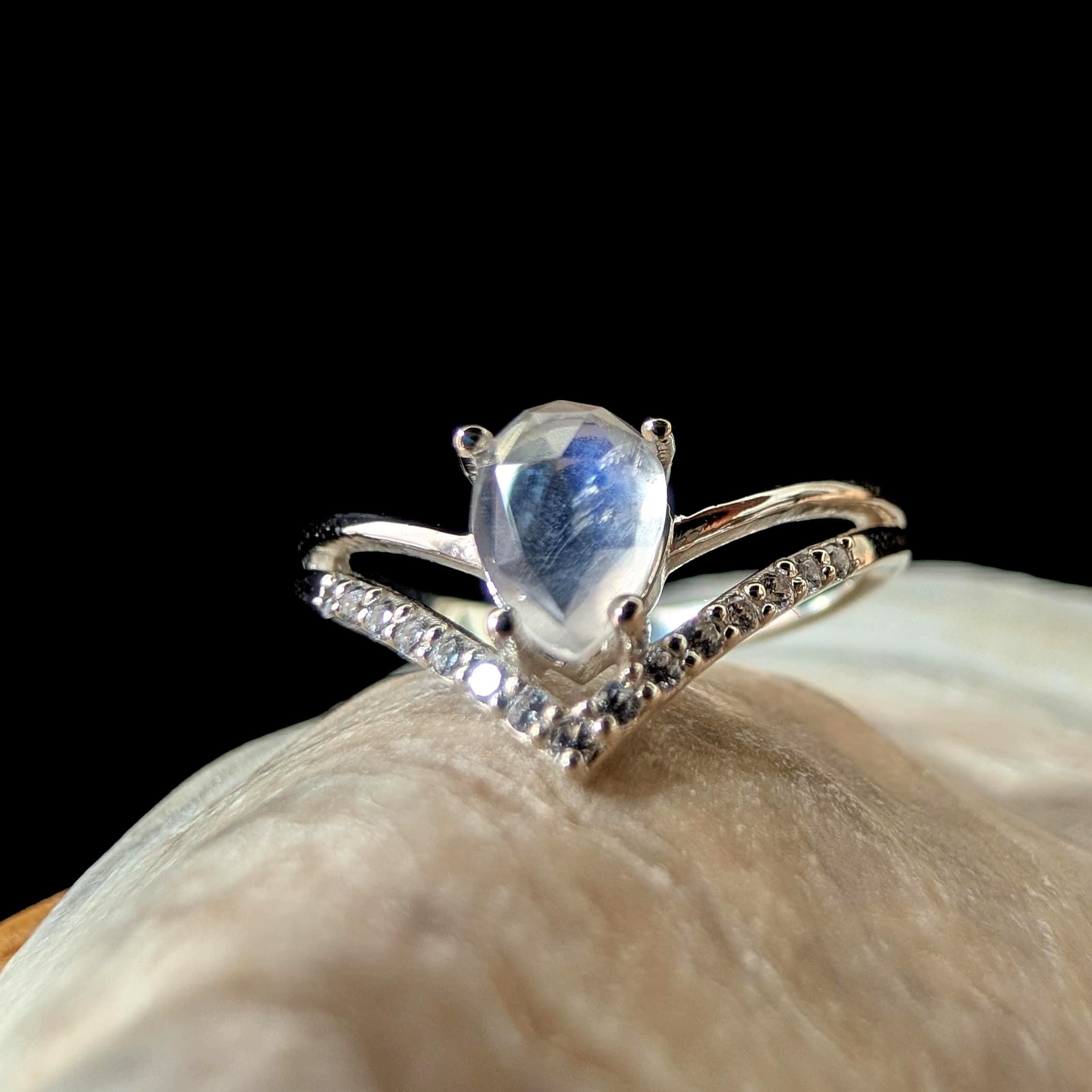 Statement rainbow moonstone & white topaz ring | 925 Sterling Silver