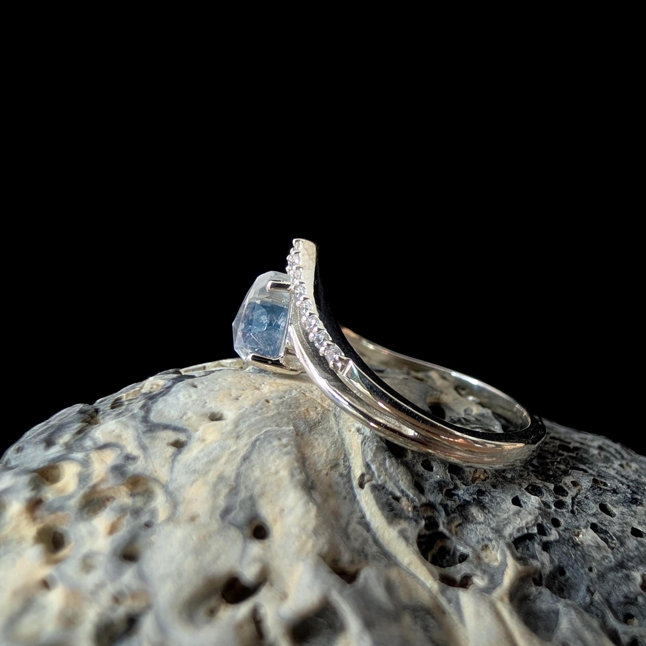 Statement rainbow moonstone & white topaz ring | 925 Sterling Silver