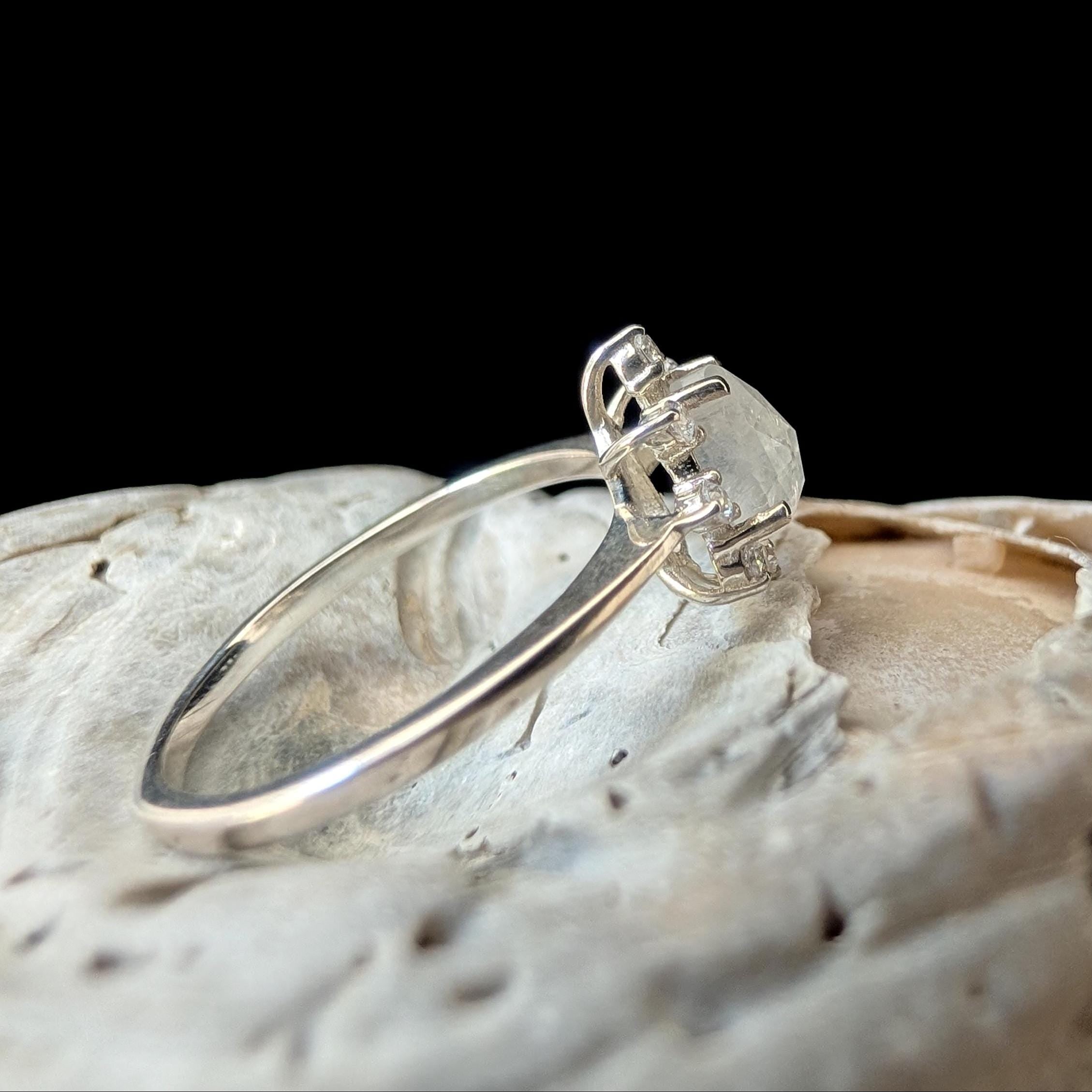 Statement rainbow moonstone & white topaz ring | 925 Sterling Silver