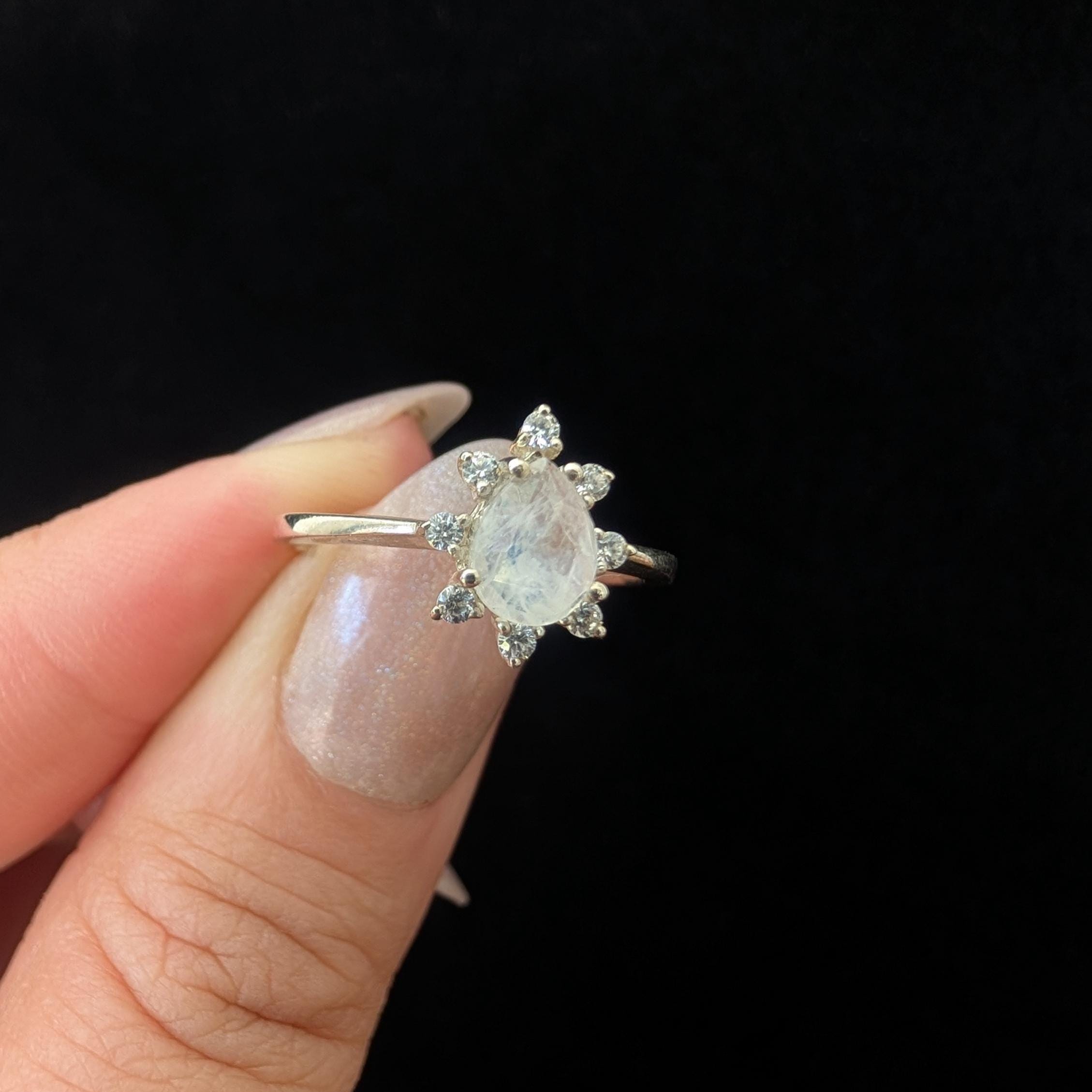 Statement rainbow moonstone & white topaz ring | 925 Sterling Silver