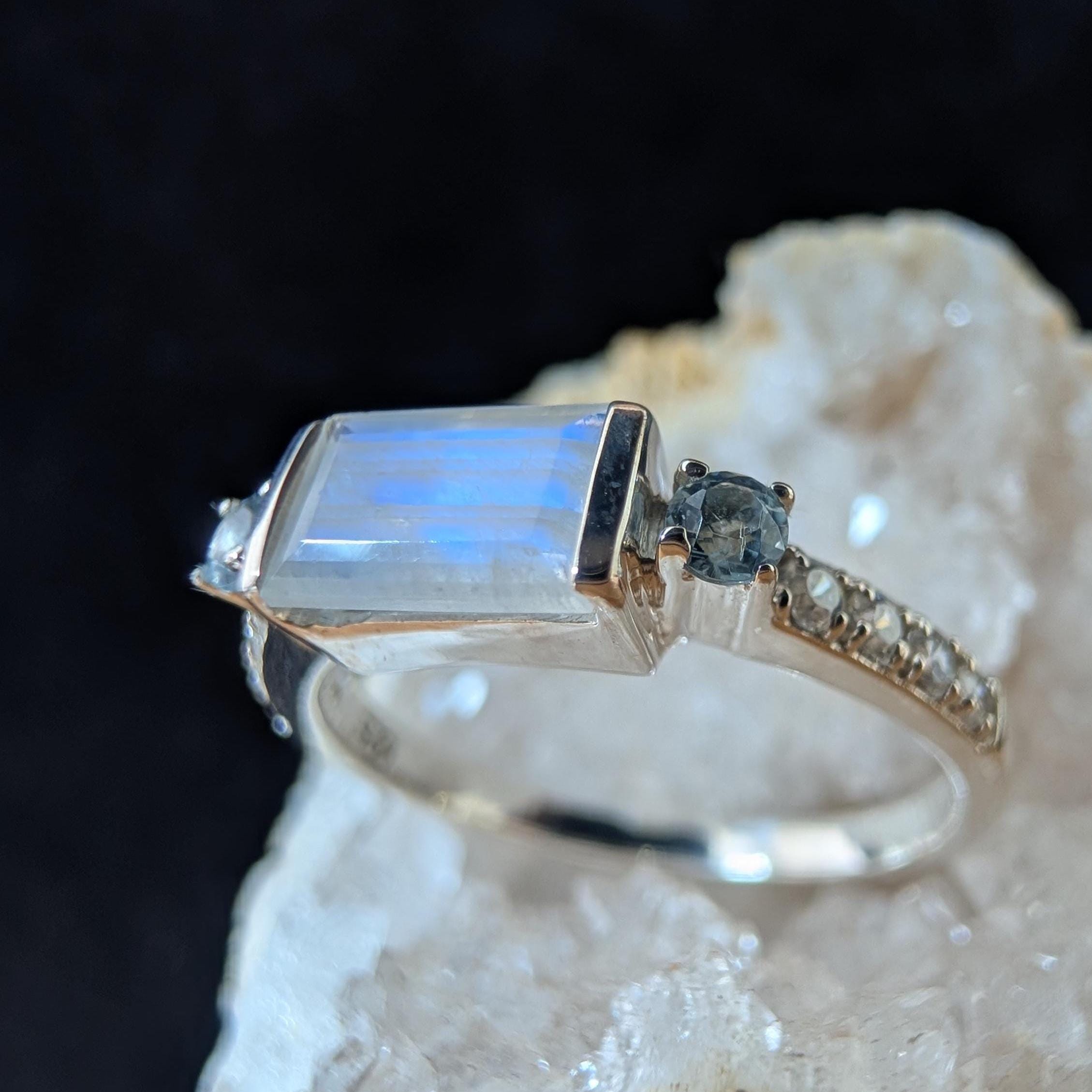 Statement rainbow moonstone and blue topaz ring | 925 Sterling Silver