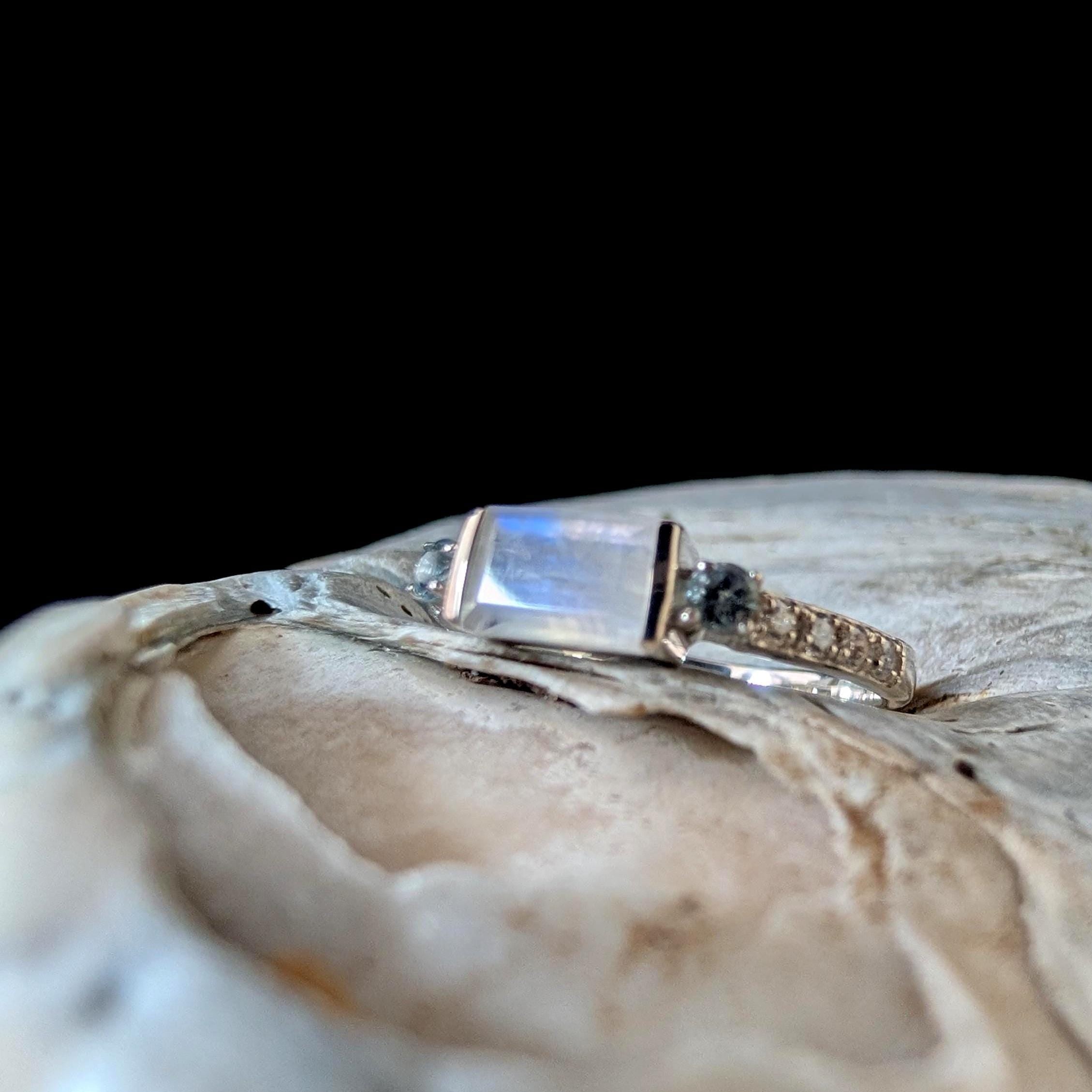 Statement rainbow moonstone and blue topaz ring | 925 Sterling Silver