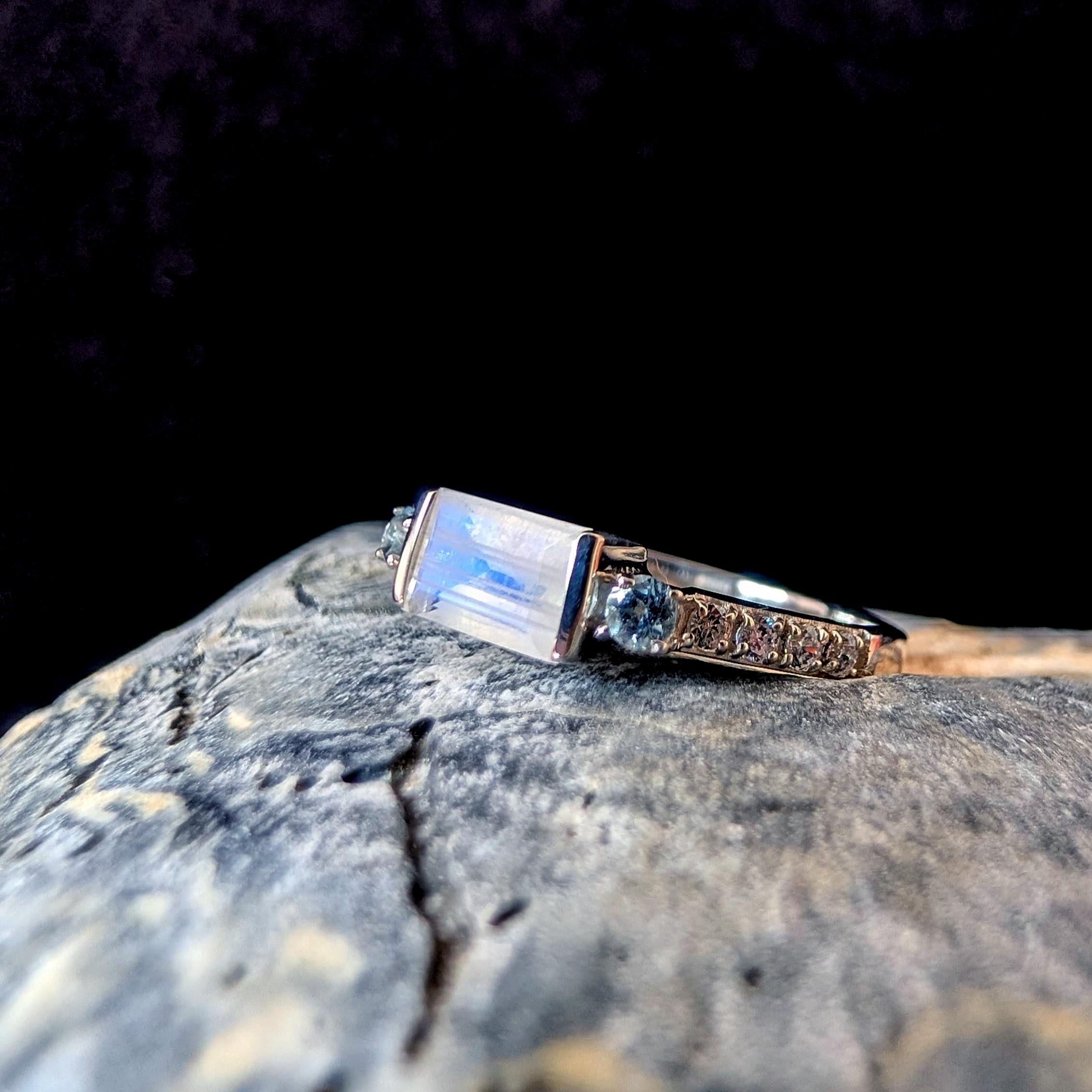 Statement rainbow moonstone and blue topaz ring | 925 Sterling Silver