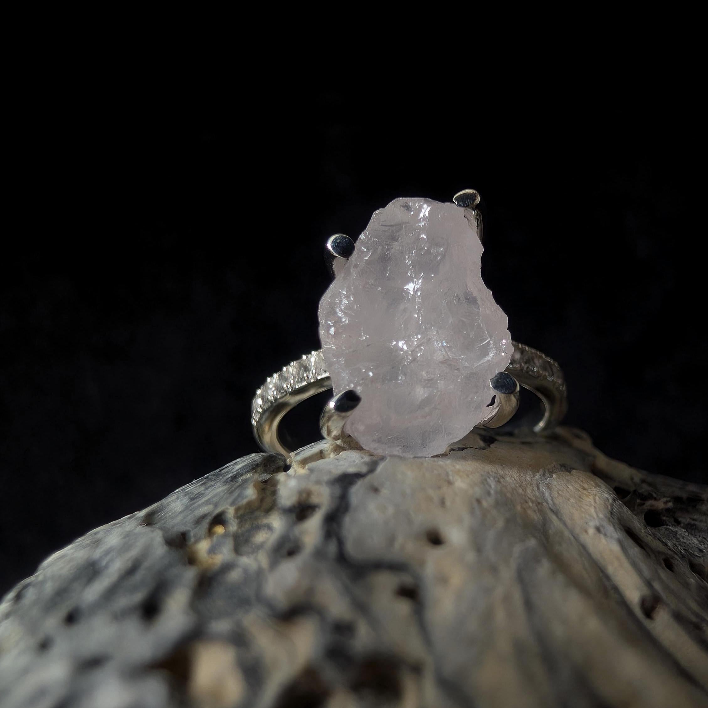 Raw natural rose quartz and white topaz ring | 925 Sterling Silver