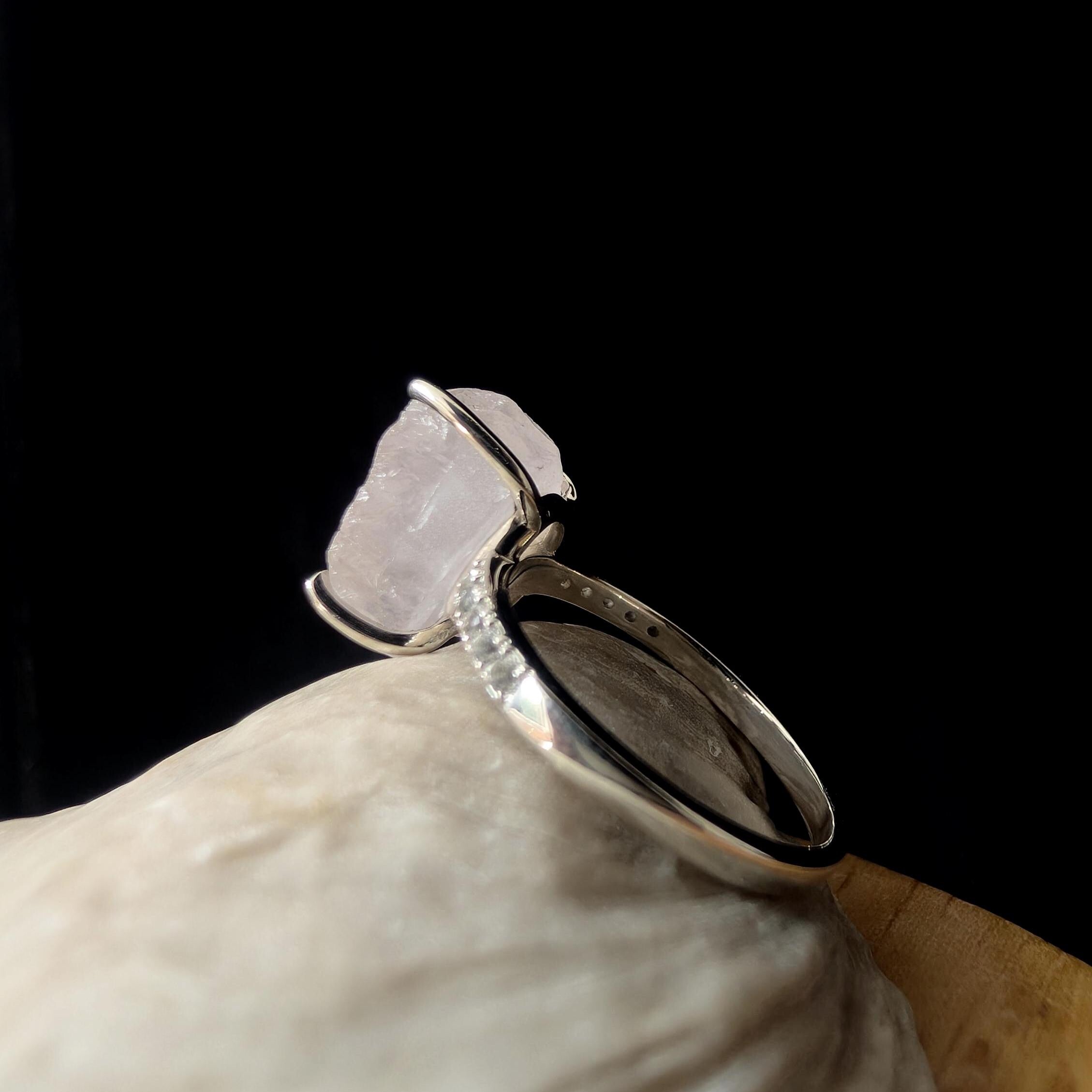 Raw natural rose quartz and white topaz ring | 925 Sterling Silver