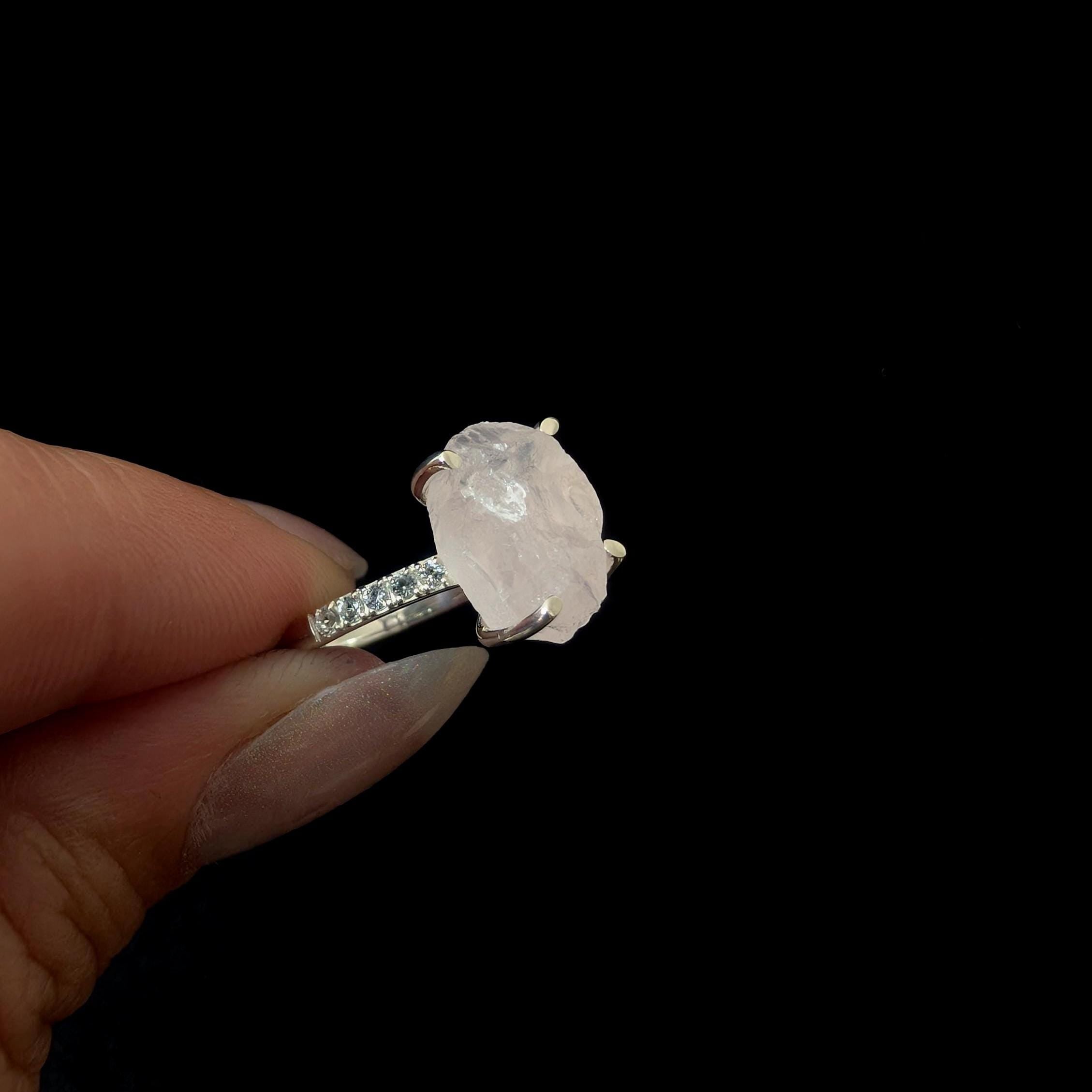 Raw natural rose quartz and white topaz ring | 925 Sterling Silver