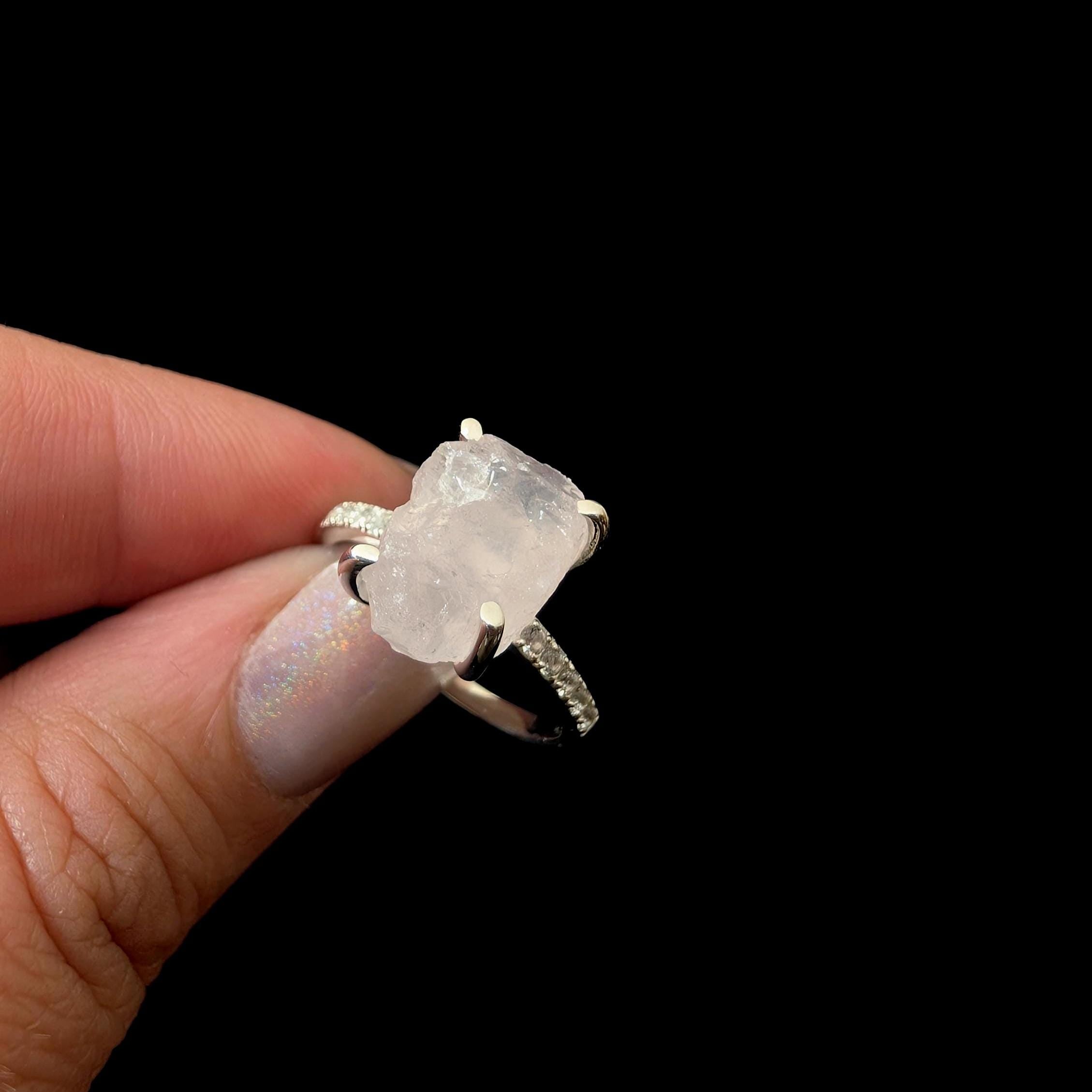 Raw natural rose quartz and white topaz ring | 925 Sterling Silver