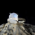 Raw natural rainbow moonstone and white topaz ring | 925 Sterling Silver