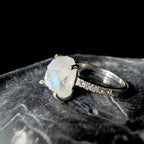 Raw natural rainbow moonstone and white topaz ring | 925 Sterling Silver